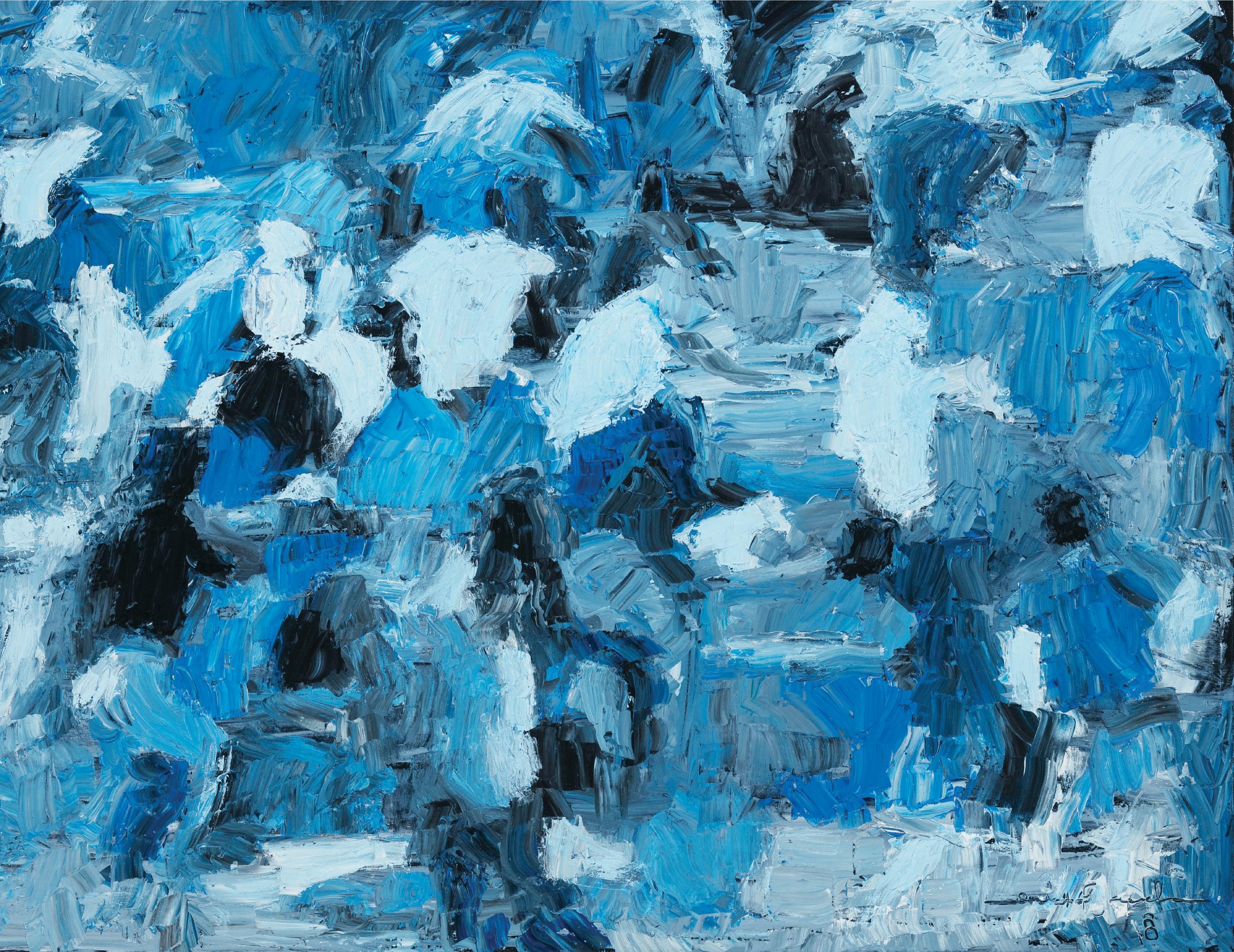 Erick Fernández Abstract Painting – Blaue Crowd-Platte