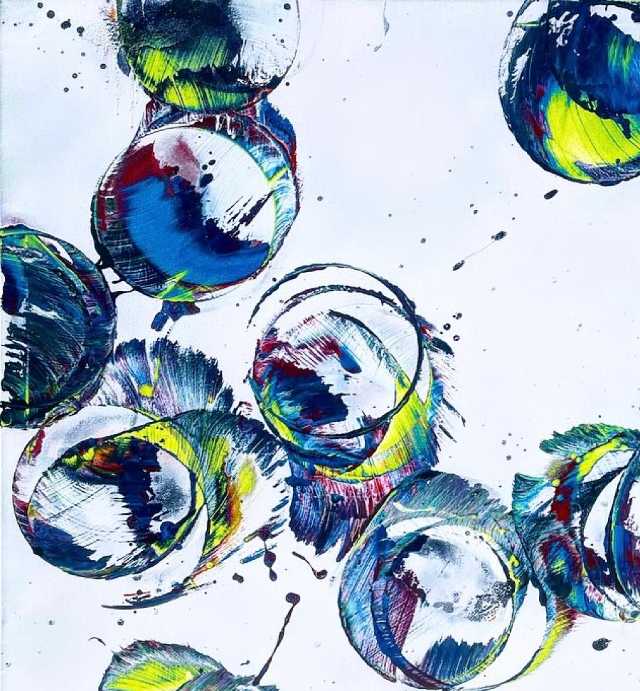 Falling Into an Unmade Bed Spray-paint on canvas Abstract Bues and Whites - Gray Abstract Painting by Erick Sandlin
