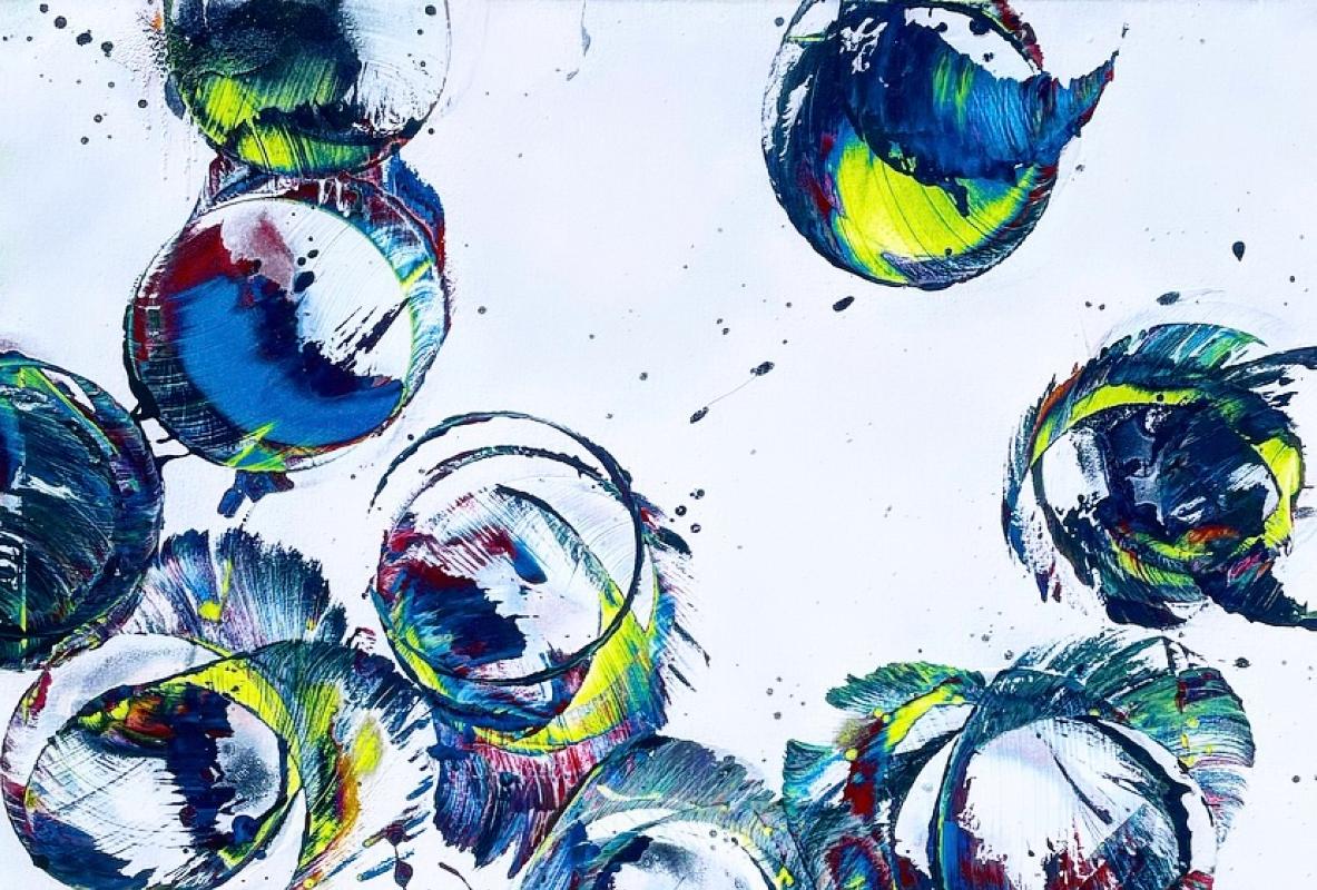 Falling Into an Unmade Bed is a 40 x 40 spray paint on  canvas painting by Houston artist Erick Sandlin. It is finished on the sides so there is no need for a frame.

Erick Sandlin is a self-taught artist who works exclusively with spray paint. He