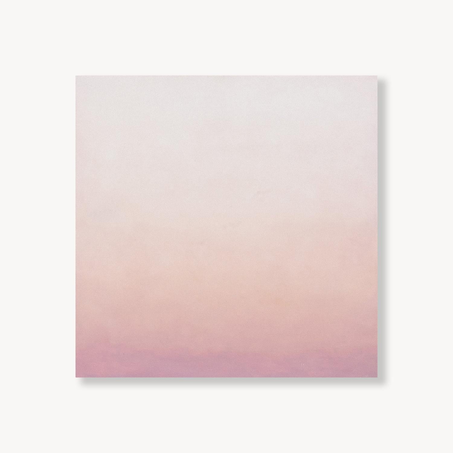 Blush by Ericka Wolf is an abstract oil painting on wood with a soft, pastel gradient, blending pale cream at the top into gentle peach and rosy pink tones below. It feels light, calm, and soothing, like a quiet sunrise or a hazy memory. The mood is