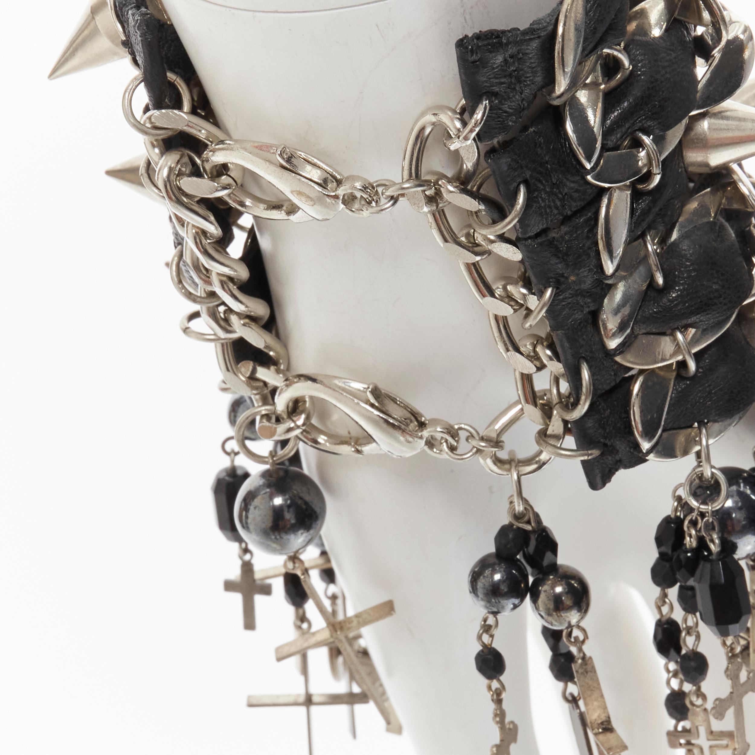 Women's ERICKSON BEAMON black leather silver chain flower cross punk wide bracelet