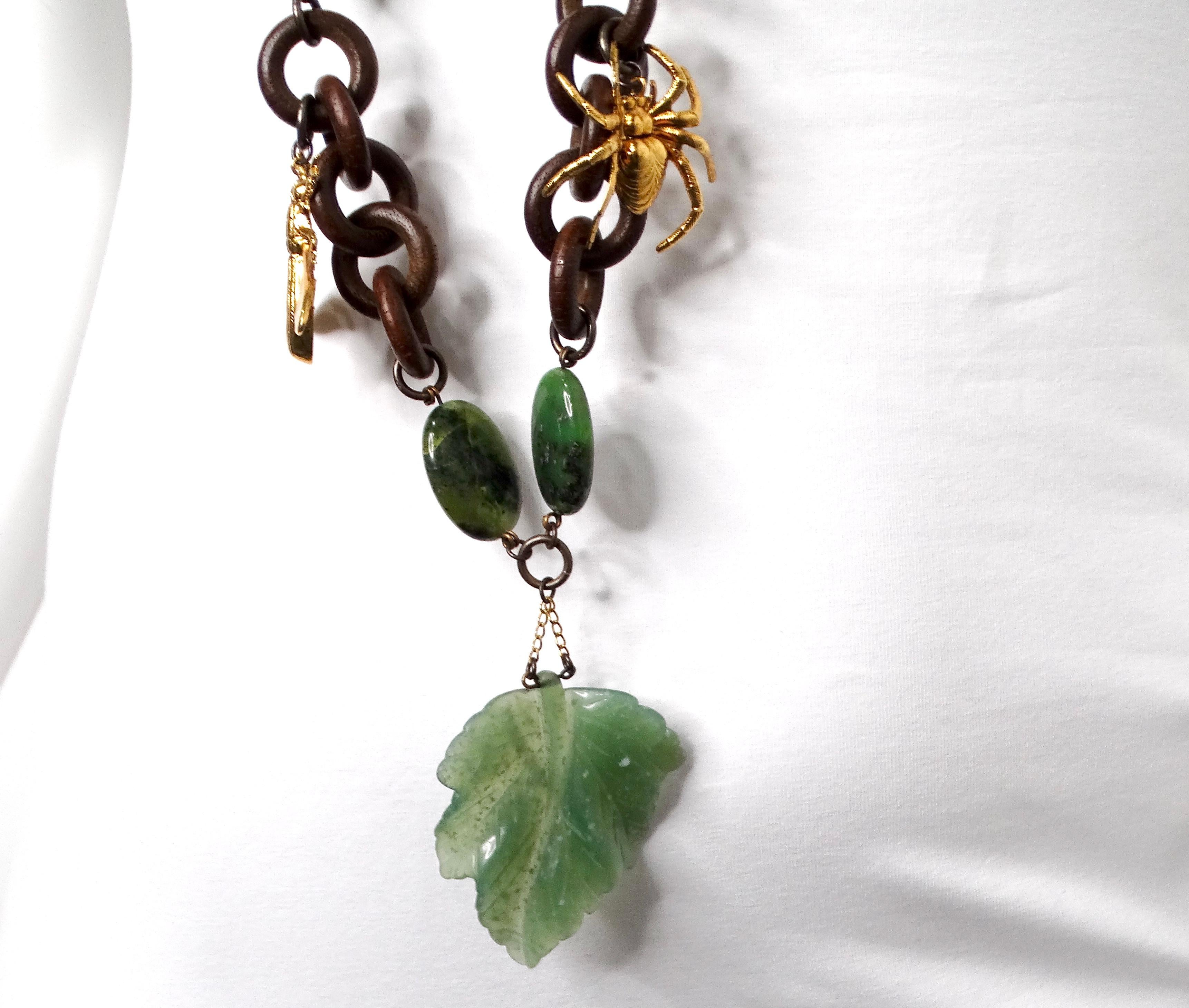 Women's Erickson Beamon Costume Jade & Wood Chain Link Bug Charm Necklace For Sale