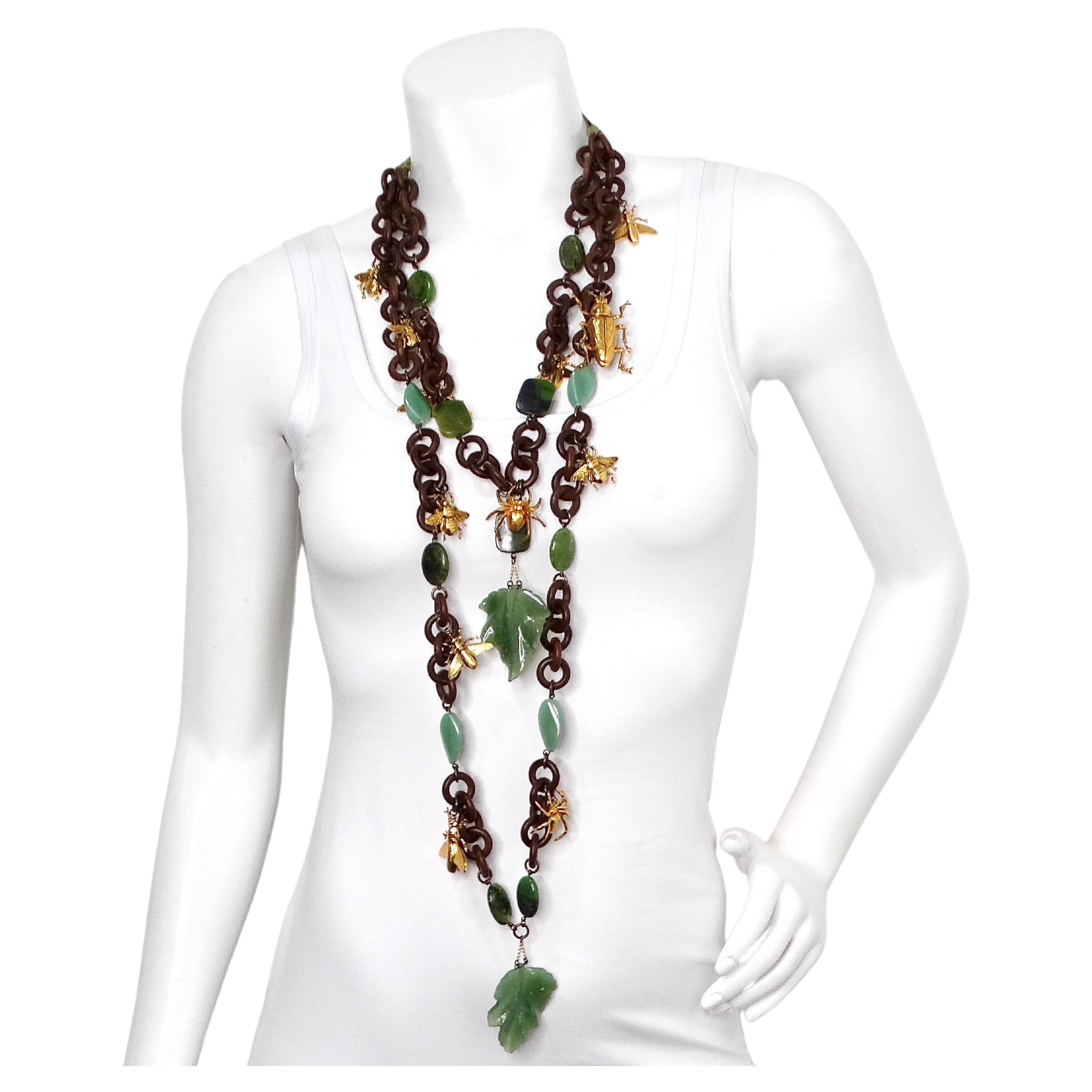 Erickson Beamon Costume Jade & Wood Chain Link Bug Charm Necklace For Sale