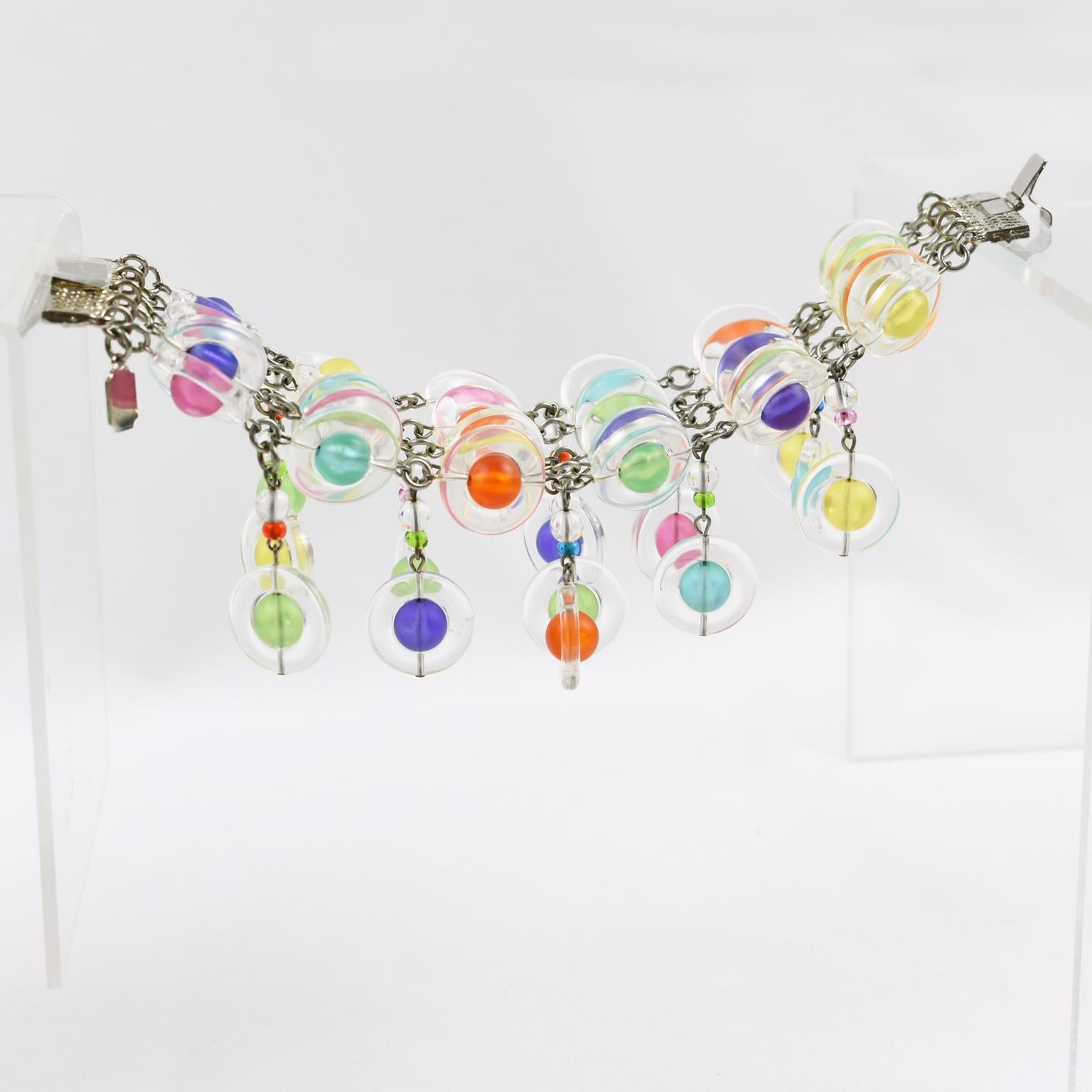 Modernist Erickson Beamon Multicolor Lucite Link Bracelet with Dangle Charms For Sale