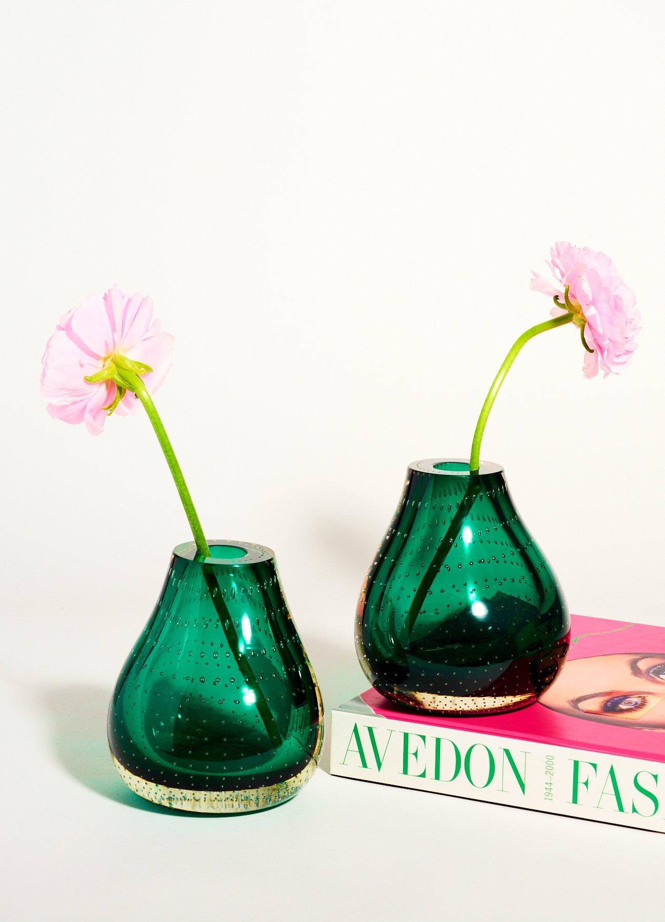 Erickson Emerald Bubble Glass Vase Bookends In Excellent Condition In New York, NY