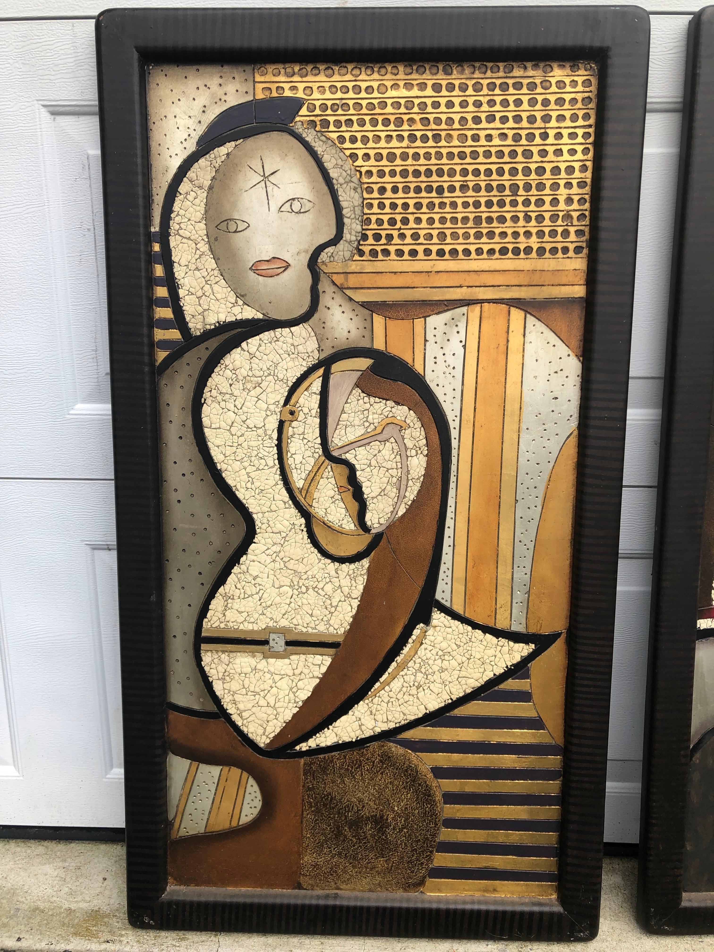 Modern Enrico Baj Carved Silver and Gold Gilded Mixed-Media Wood Panels Picasso Style