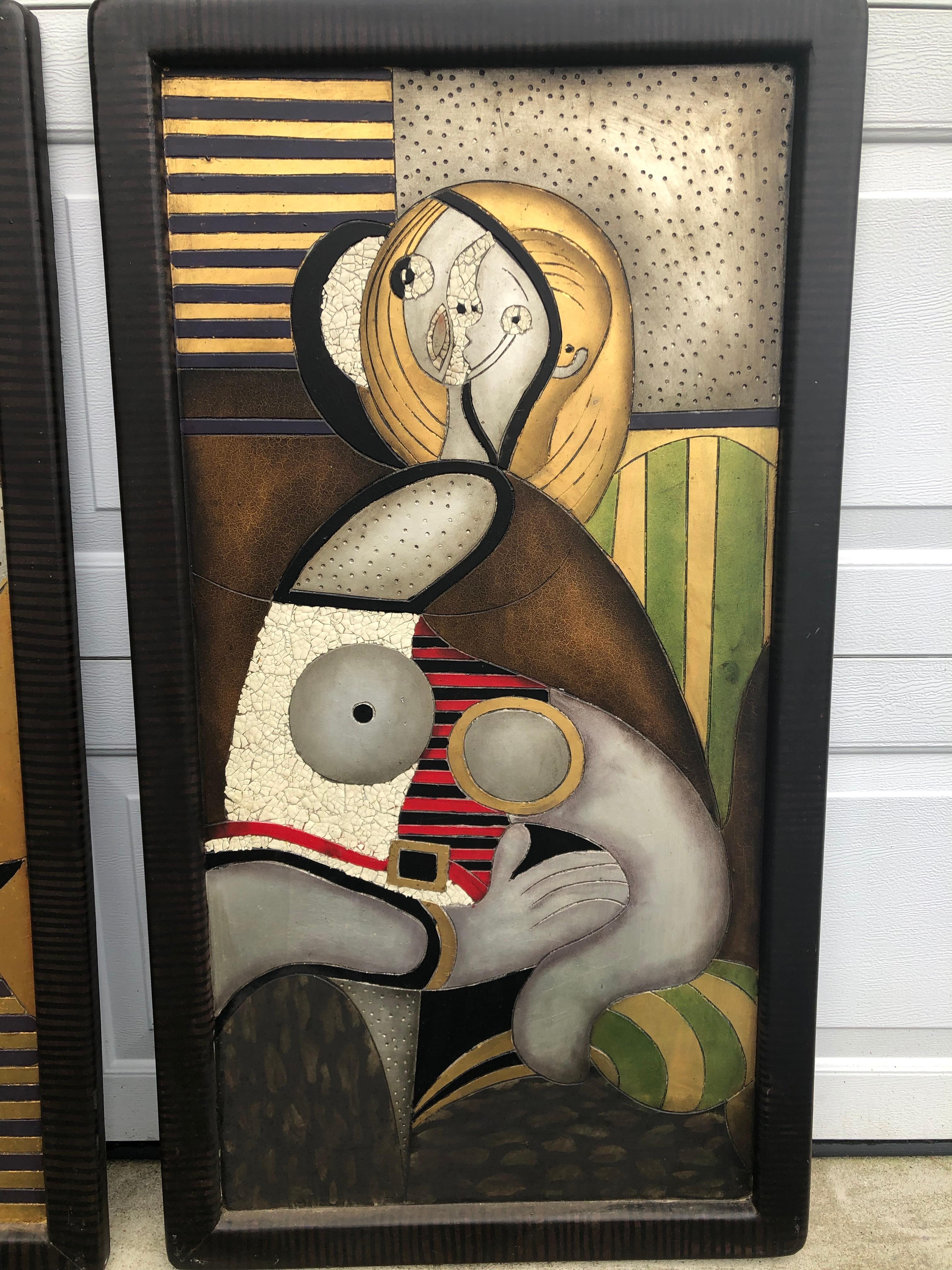 Italian Enrico Baj Carved Silver and Gold Gilded Mixed-Media Wood Panels Picasso Style