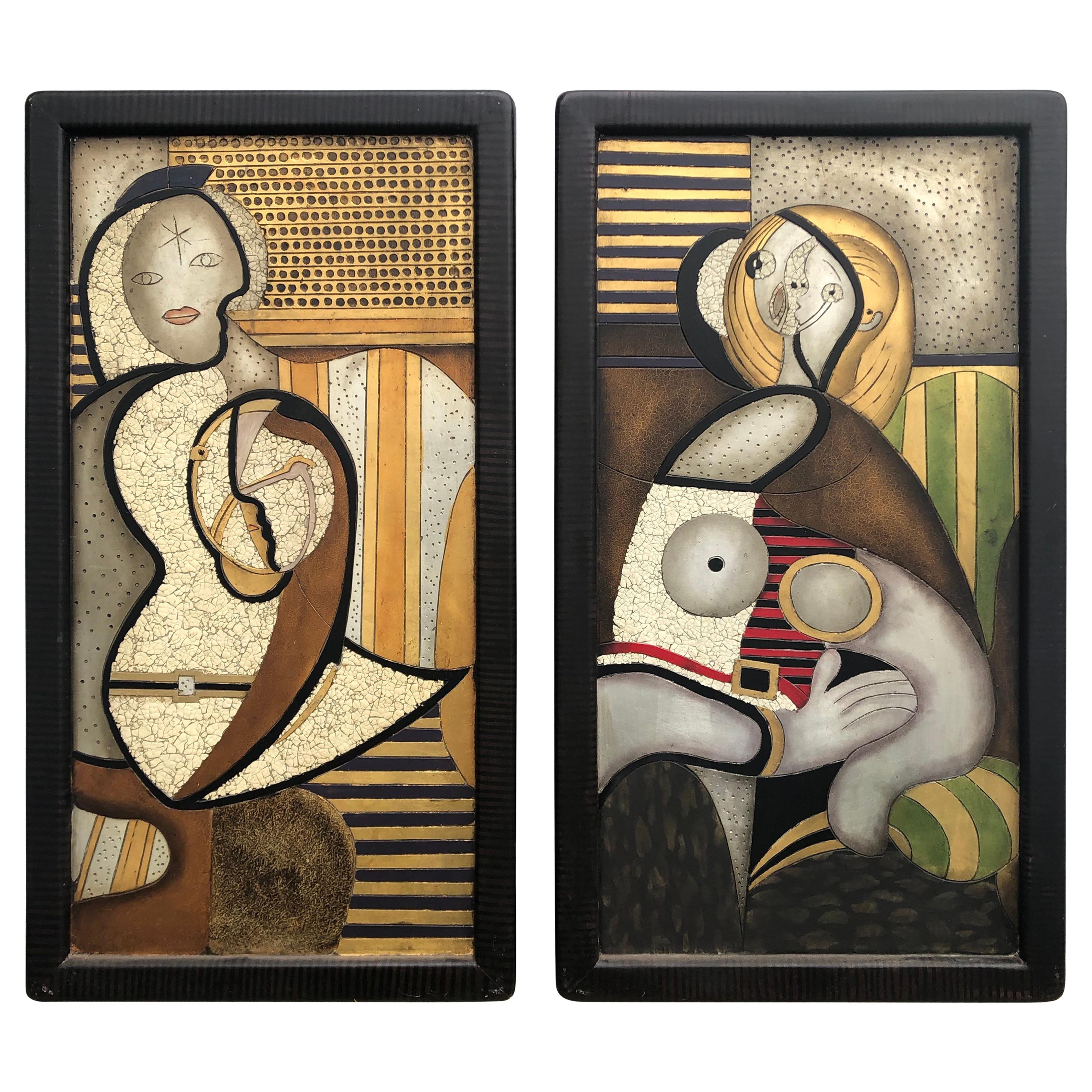 Enrico Baj Carved Silver and Gold Gilded Mixed-Media Wood Panels Picasso Style