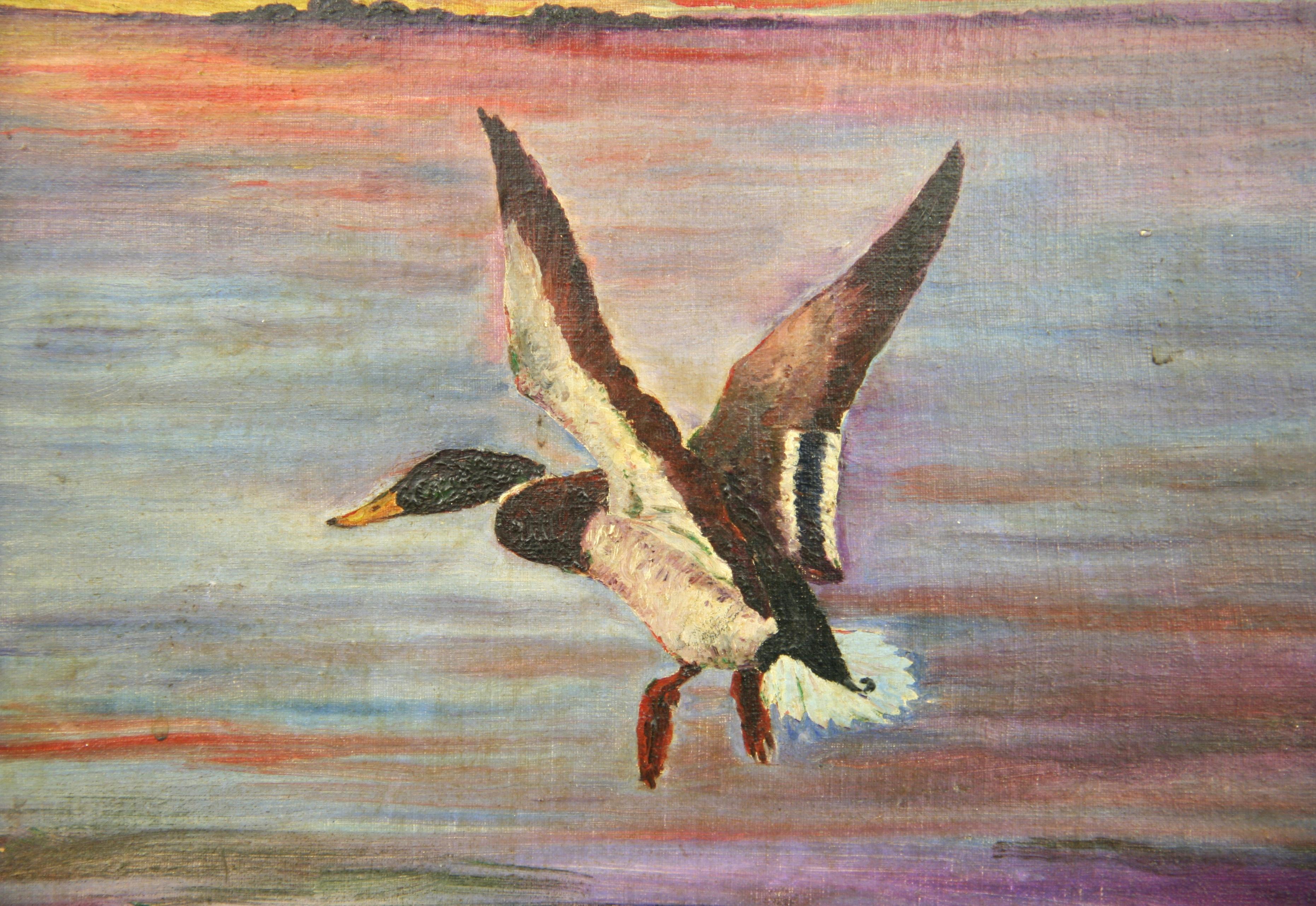 Antikes Ölgemälde Westindische Landschaft Ölgemälde „Fliegende Ente im Sonnenuntergang“ 1938 – Painting von Ericson