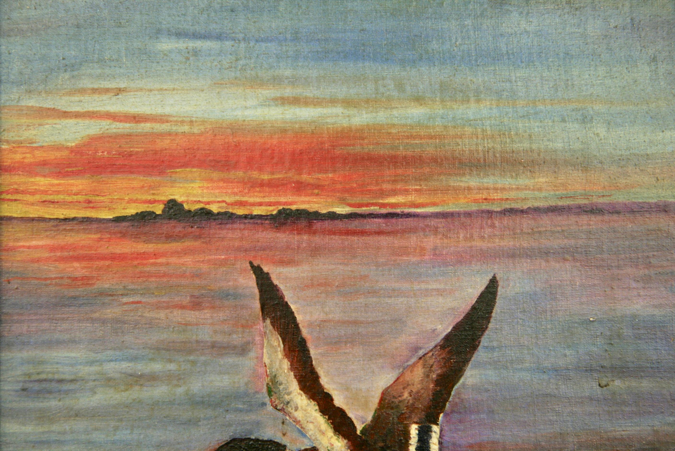 Antikes Ölgemälde Westindische Landschaft Ölgemälde „Fliegende Ente im Sonnenuntergang“ 1938 im Angebot 1