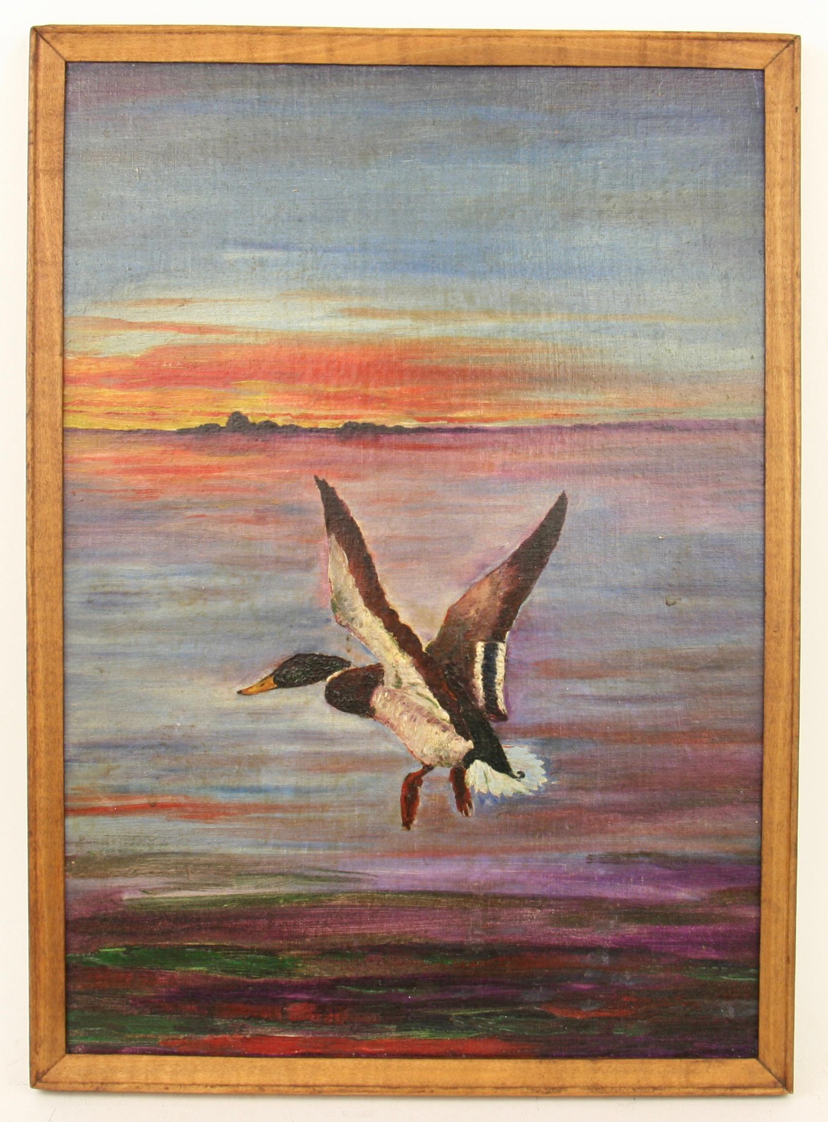 Ericson Landscape Painting – Antikes Ölgemälde Westindische Landschaft Ölgemälde „Fliegende Ente im Sonnenuntergang“ 1938