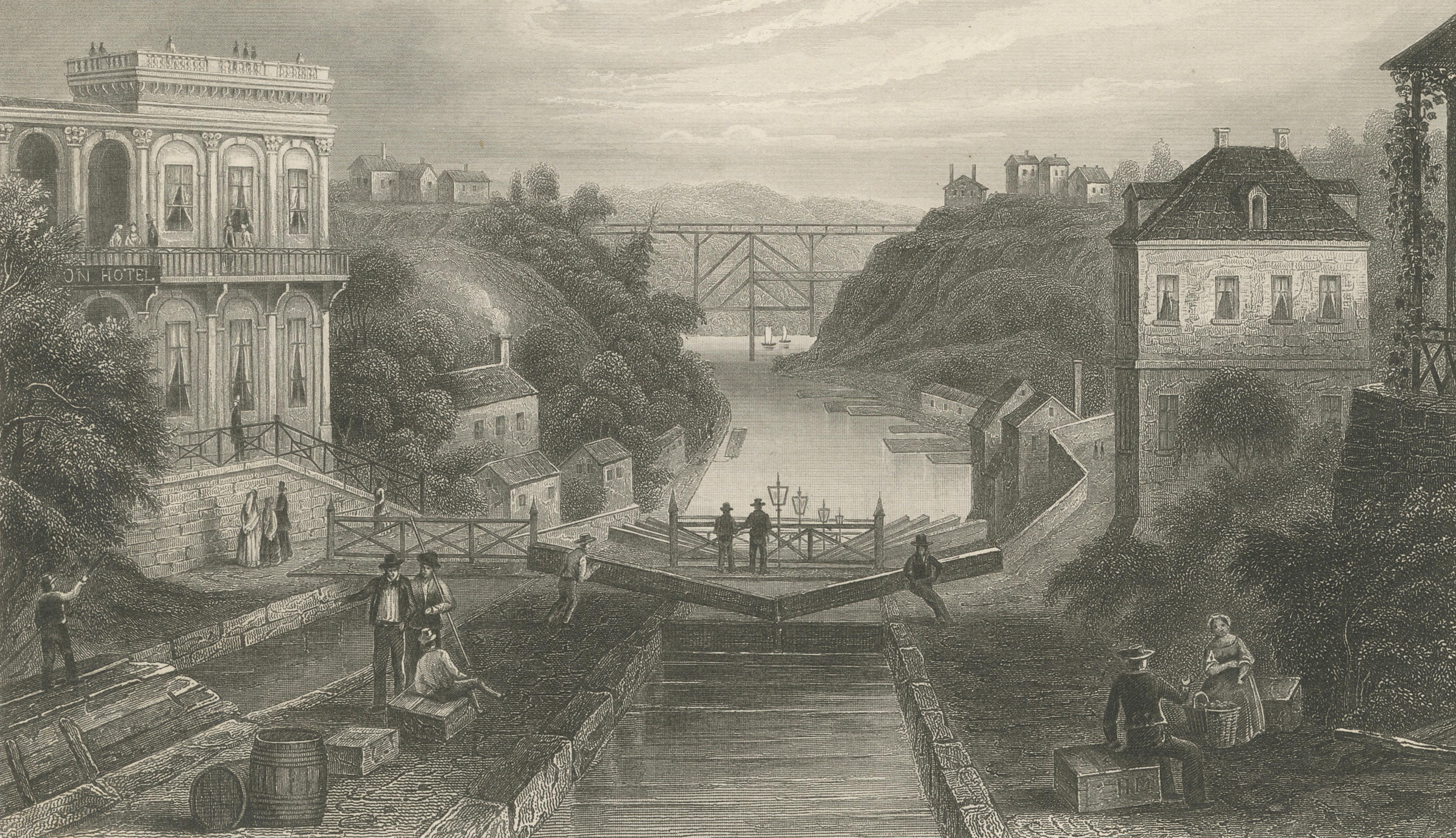 Erie Canal Lockport New York – Antique Canal Engineering Steel Engraving, 1854