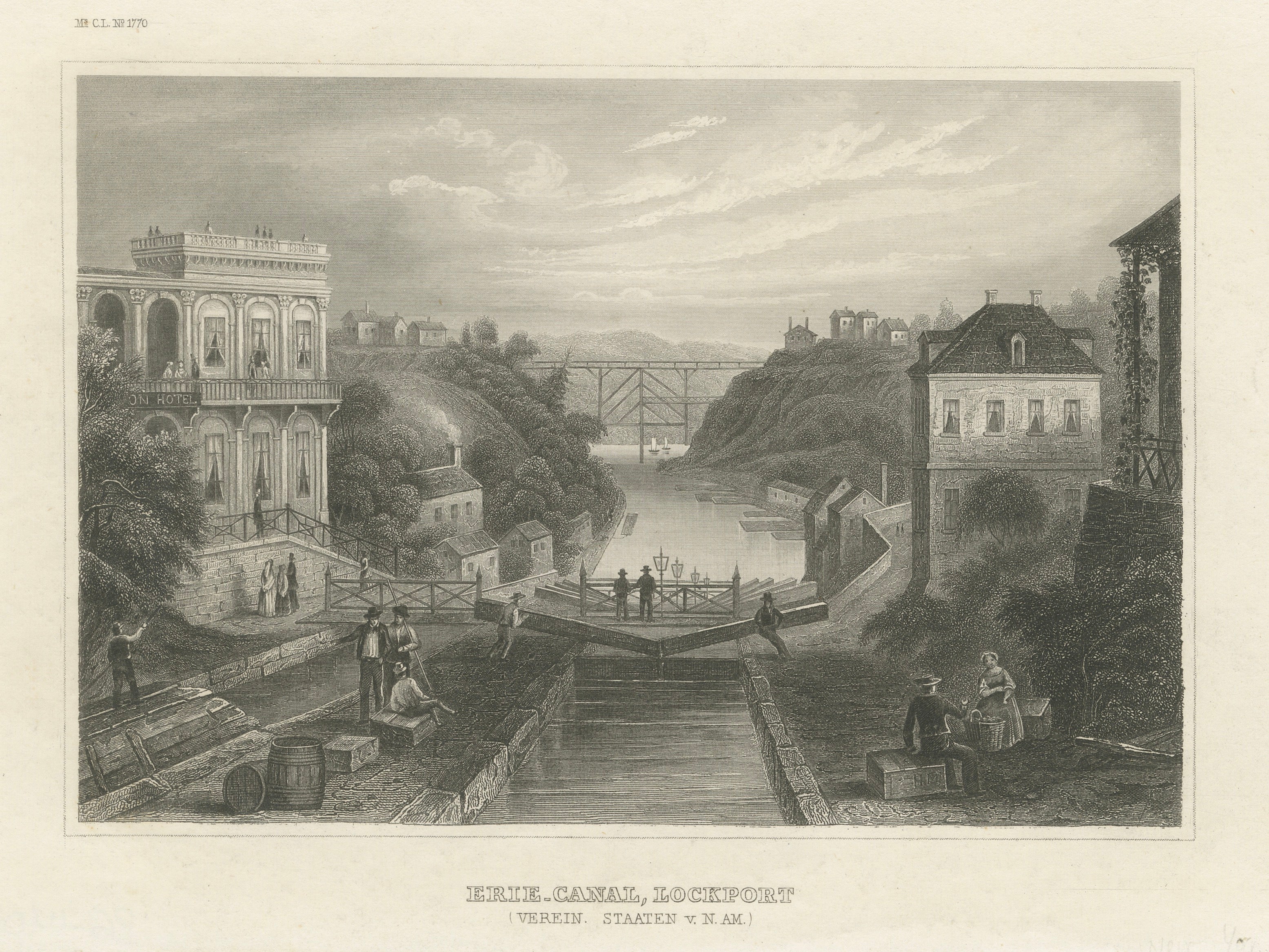 Erie Canal Lockport New York – Antique Canal Engineering Steel Engraving, 1854