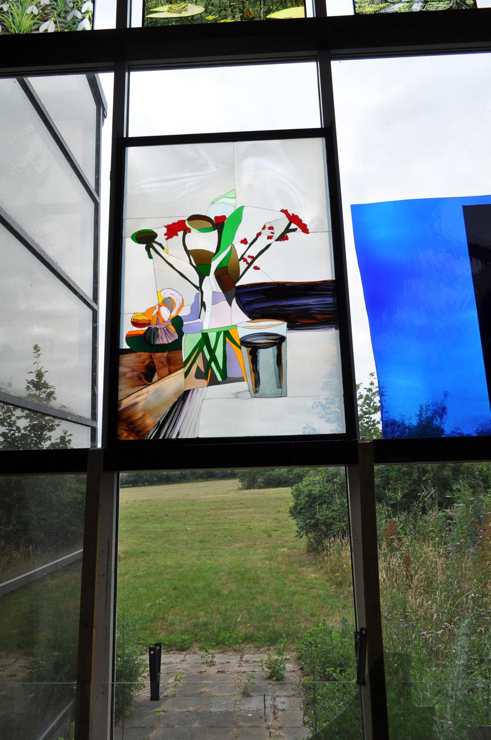 Scandinavian Stained Glass Window,
By Danish Erik A. Frandsen, glass mosaic / painting (2017)
Opstilling af blomstervase (Arrangement of flower vase)
126 cm H x 86 cm W

Erik A. Frandsen is one of Denmark's most prominent artists. He has been
