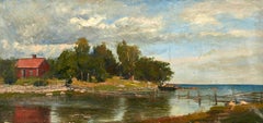 Swedish Archipelago Summer Landscape with Red Cottage, Signed Oil on Canvas.