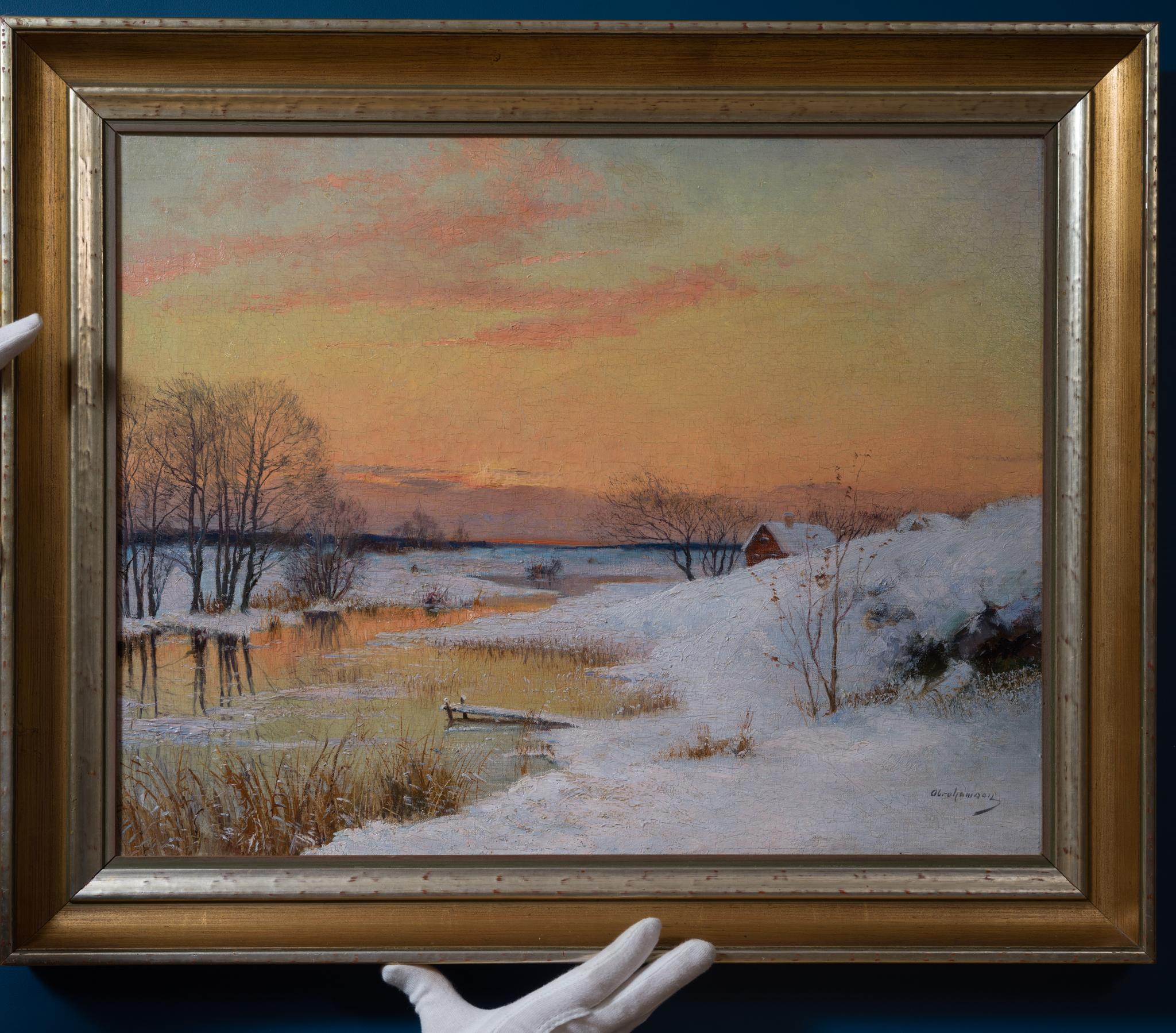 Wintersonnenuntergang über dem gefrorenen Fluss – Painting von Erik Abrahamson