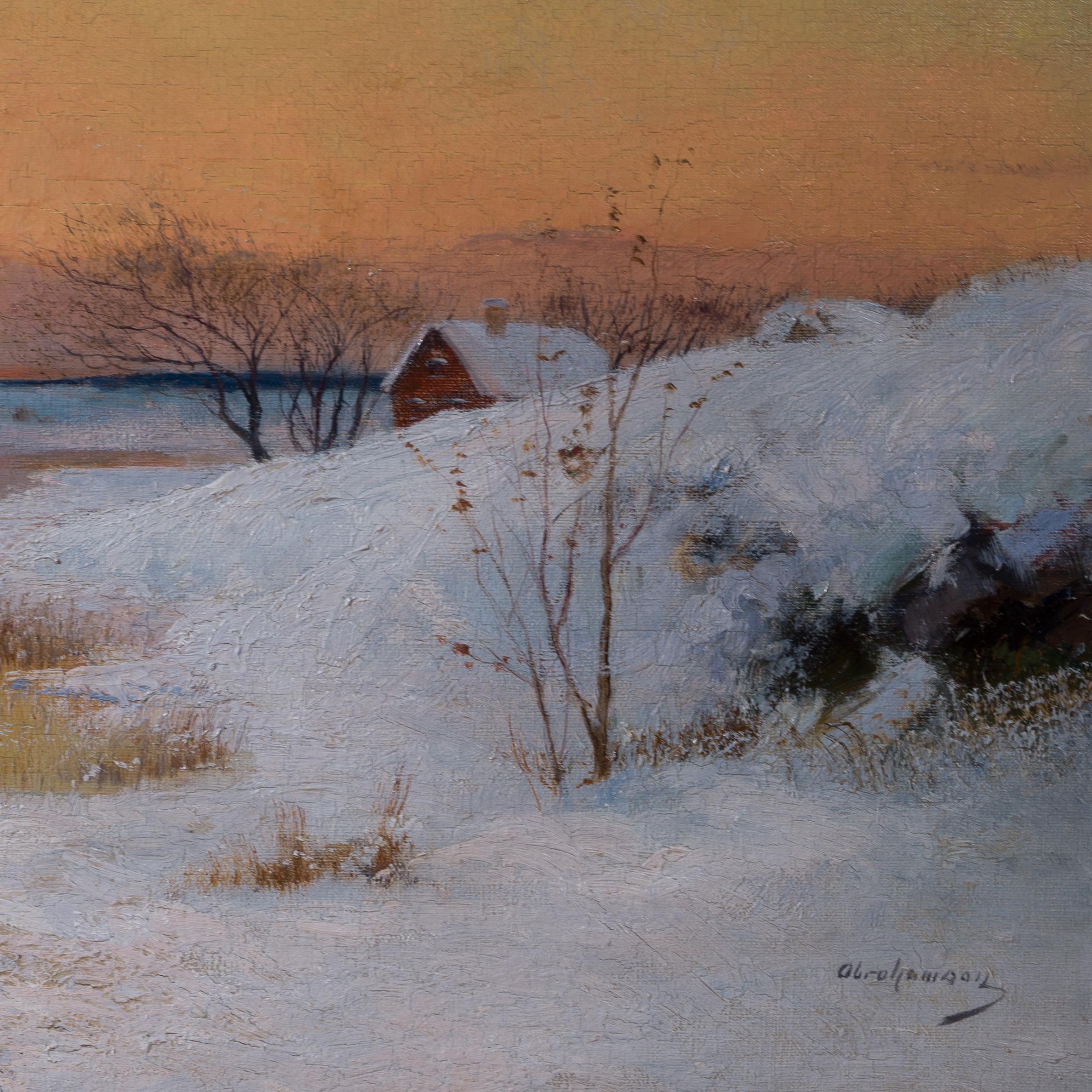 Wintersonnenuntergang über dem gefrorenen Fluss (Braun), Figurative Painting, von Erik Abrahamson