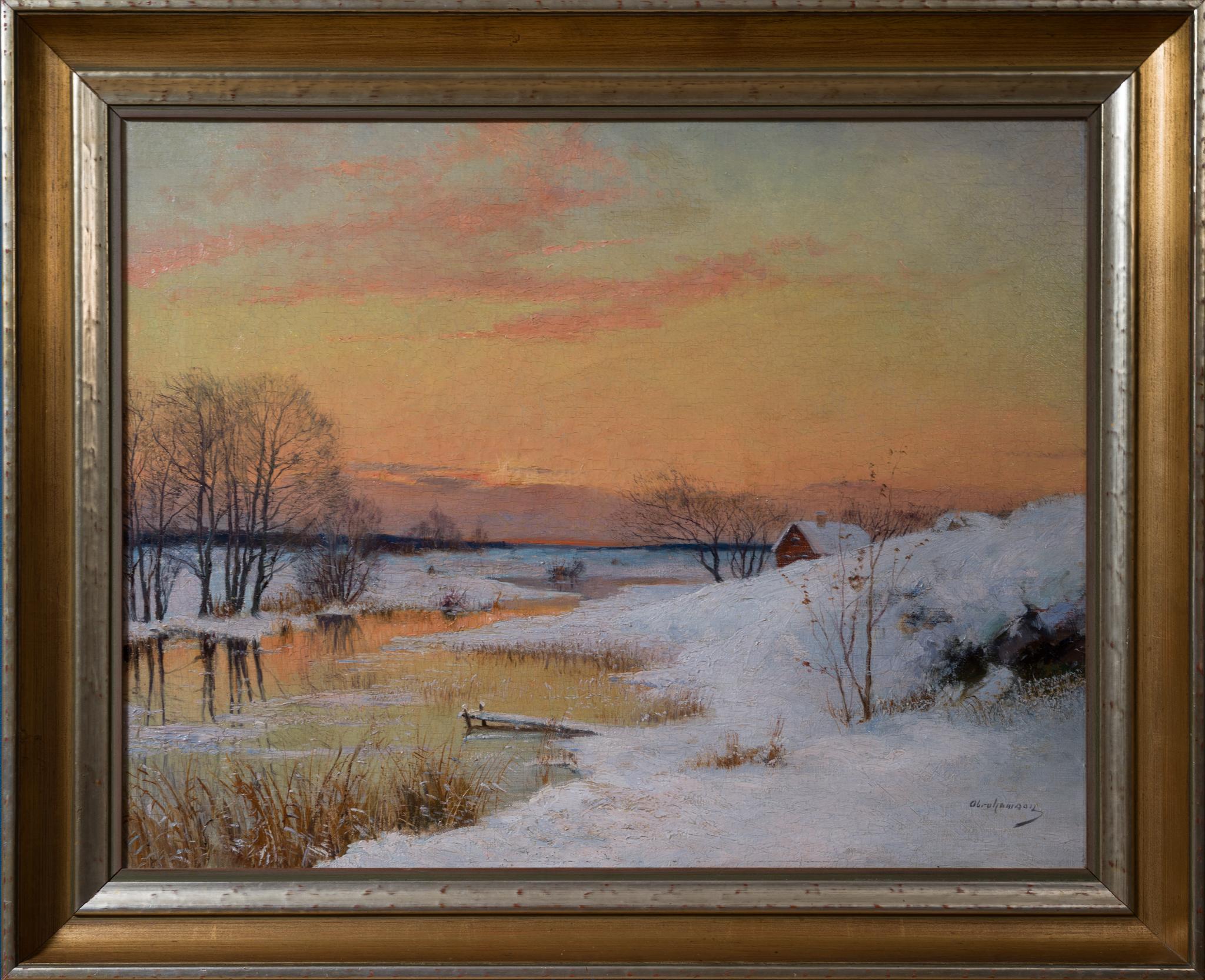 Diese Winterlandschaft von Erik Abrahamson aus dem späten 19. Jahrhundert fängt einen stillen, leuchtenden Moment am Rande eines zugefrorenen Flusses ein. Die Sonne ist gerade untergegangen, und der Himmel leuchtet in sanften Pfirsich-, Korallen-