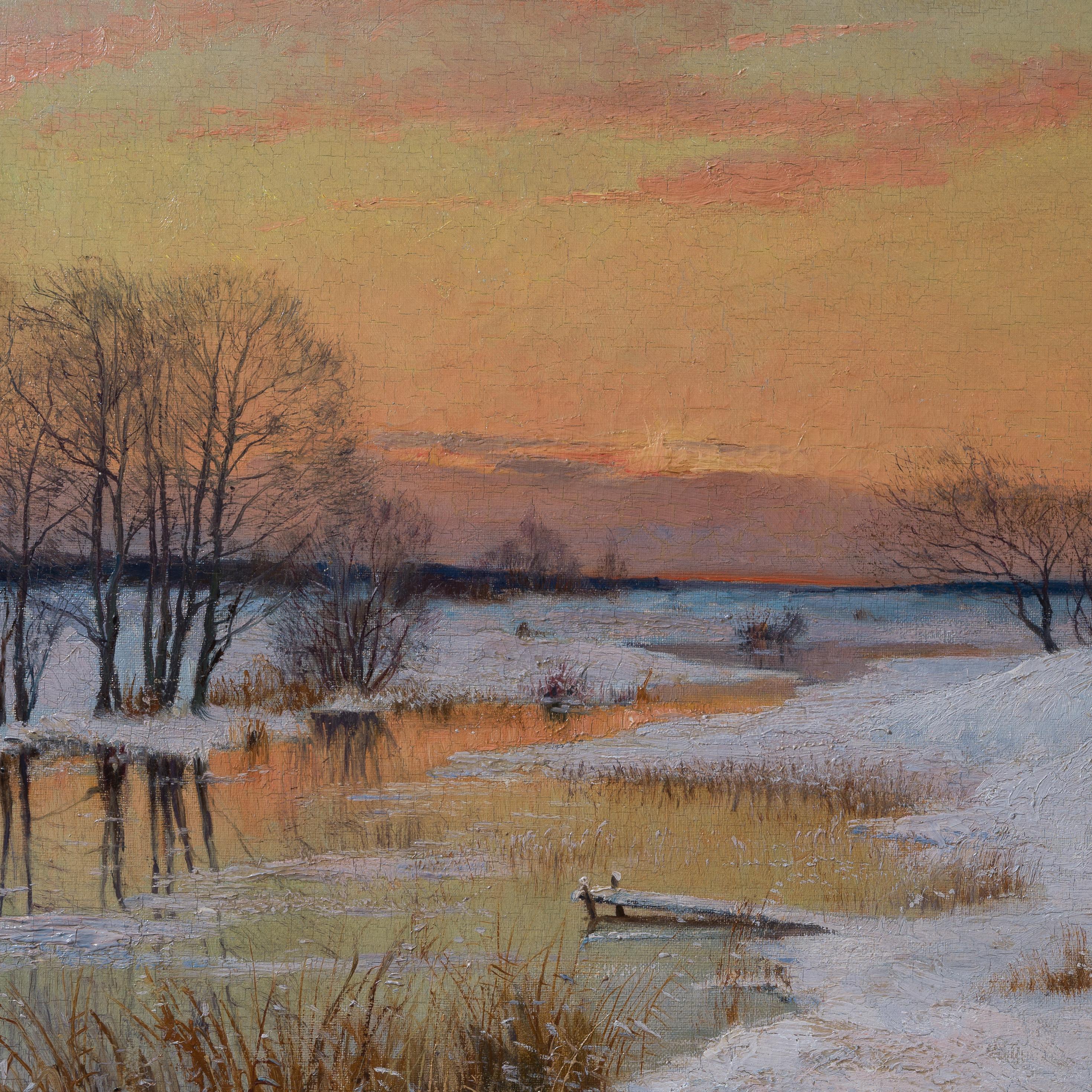 Wintersonnenuntergang über dem gefrorenen Fluss im Angebot 1