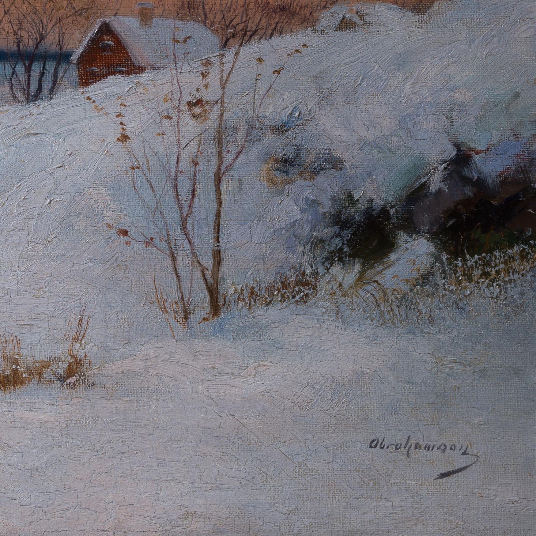 Wintersonnenuntergang über dem gefrorenen Fluss im Angebot 2