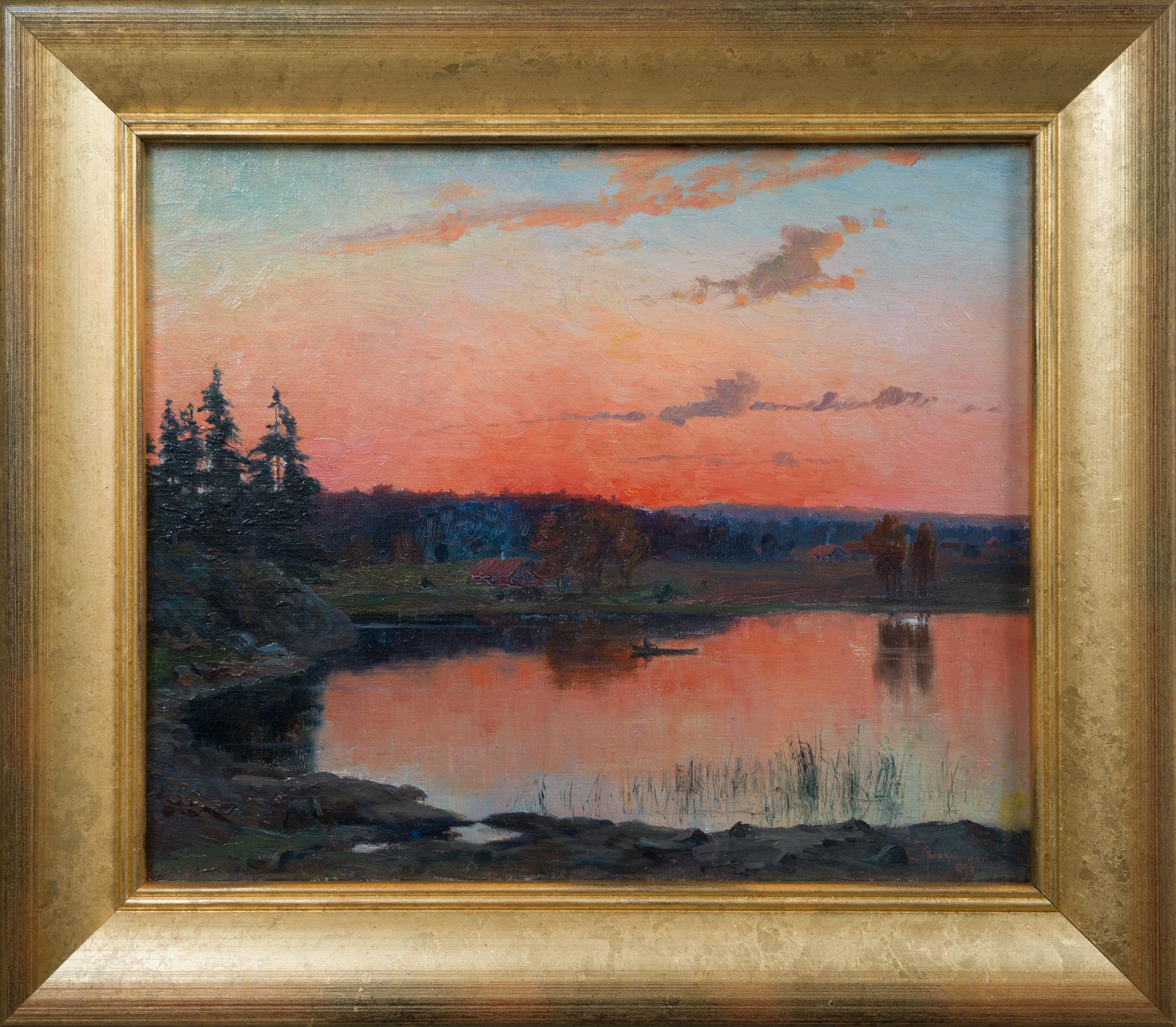 Paesaggio lacustre al tramonto con barca a remi, 1896 - Painting di Erik Abrahamsson