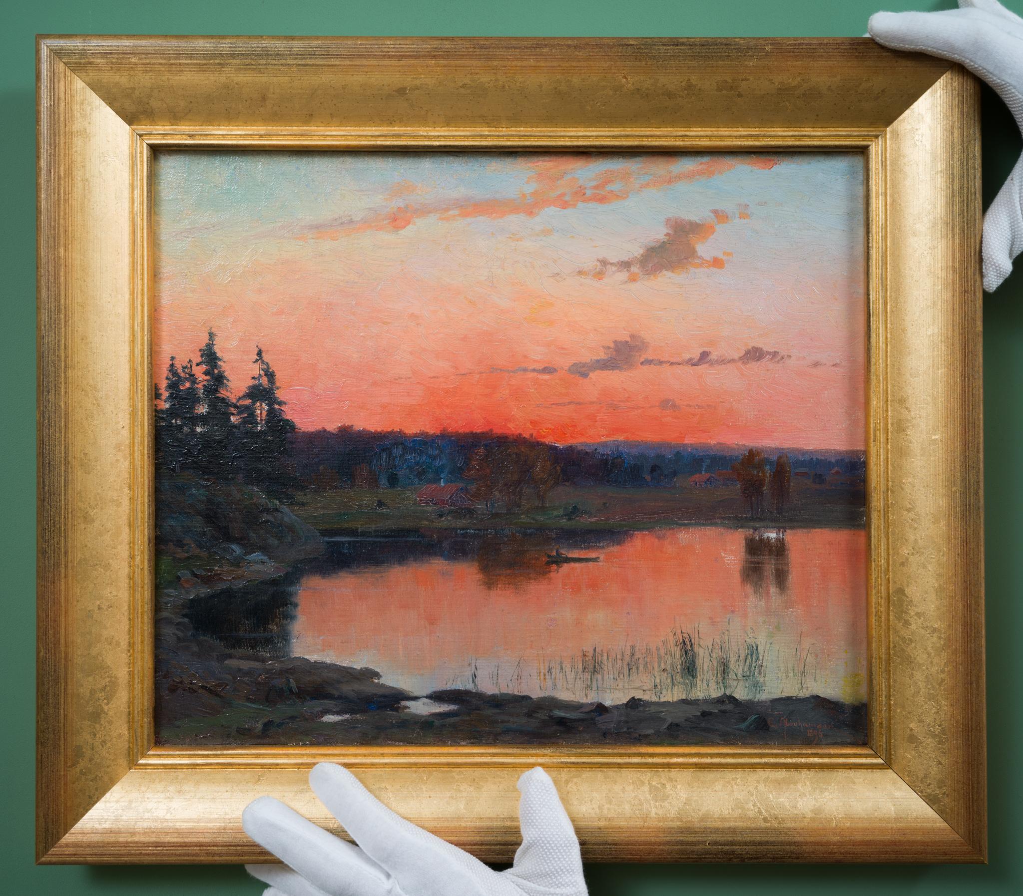 Paesaggio lacustre al tramonto con barca a remi, 1896 - Painting Romantico di Erik Abrahamsson