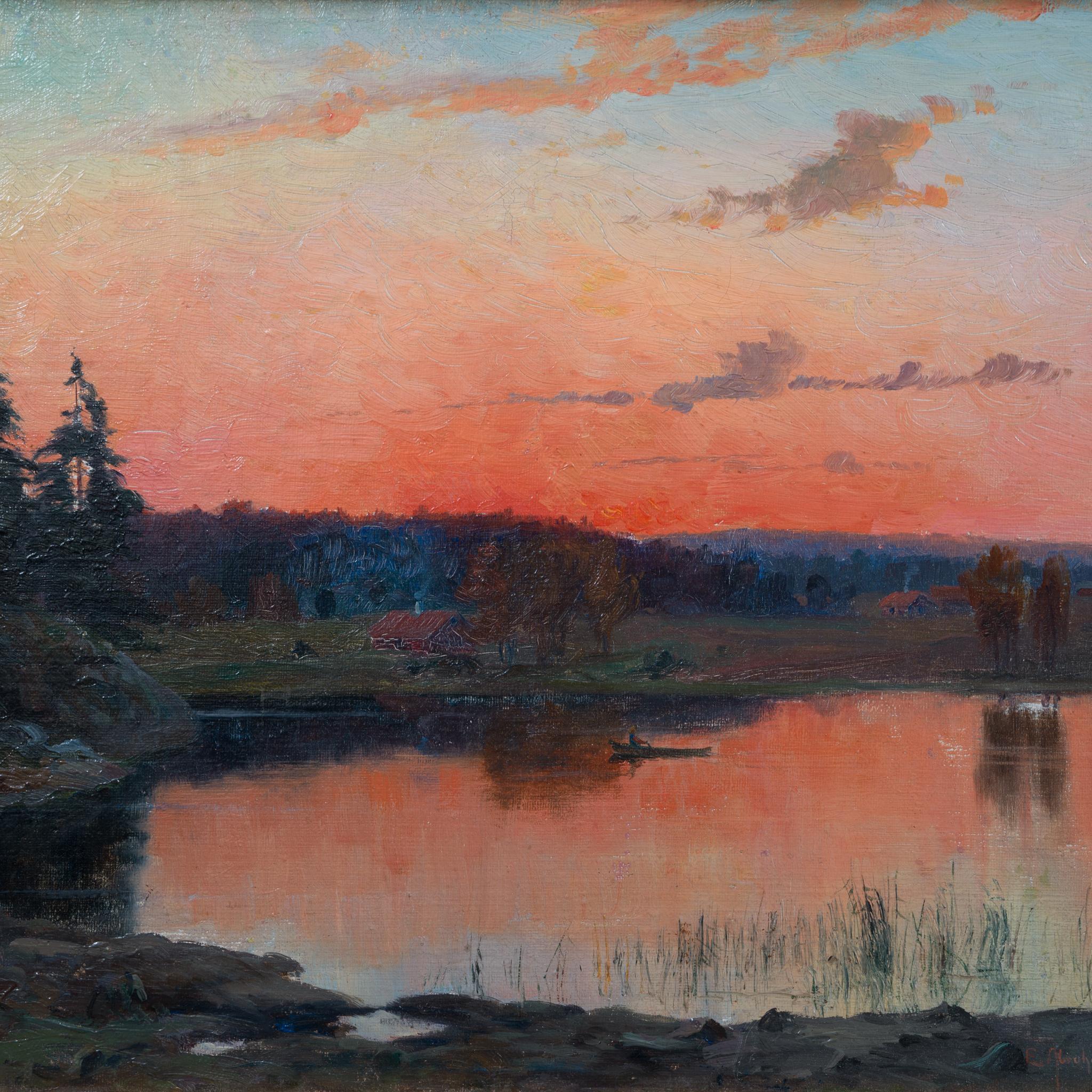 Paesaggio lacustre al tramonto con barca a remi, 1896 - Figurative Painting Marrone di Erik Abrahamsson