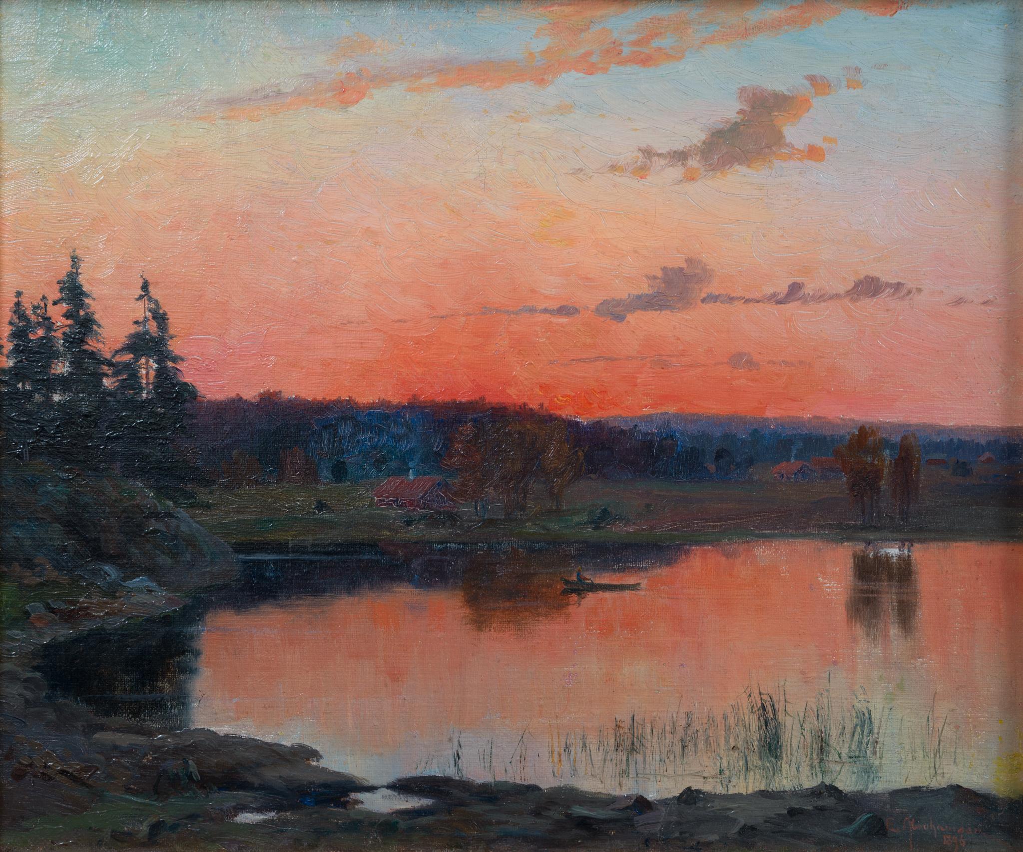 Figurative Painting di Erik Abrahamsson - Paesaggio lacustre al tramonto con barca a remi, 1896