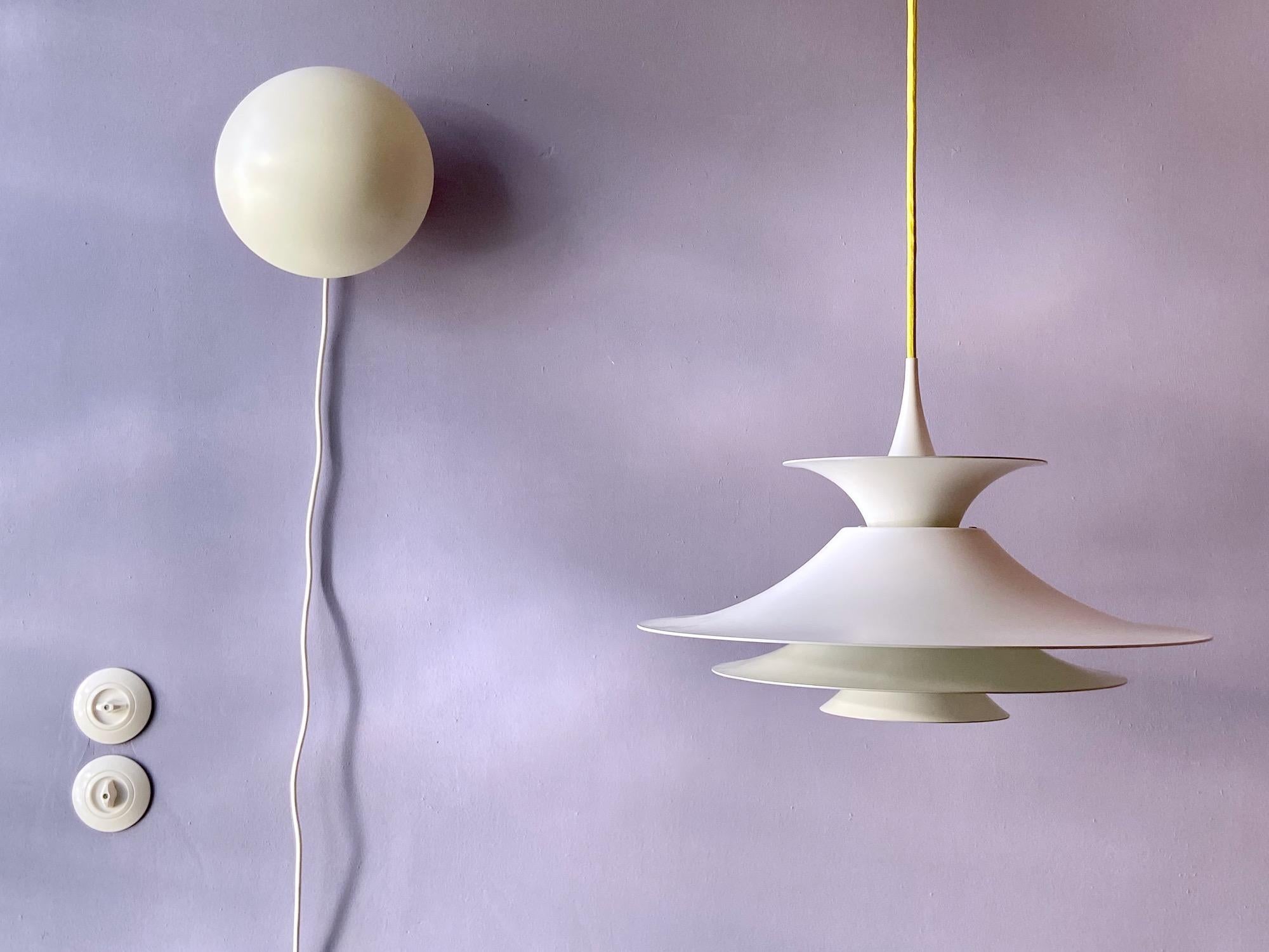 Radius 1 pendant by Erik Balslev. White lacquered aluminium. Produced by Fog & Mørup. Measures: 47 cm diameter version with E26/27 Edison socket. No parts missing! With new yellow fabric cord. Ready to use.