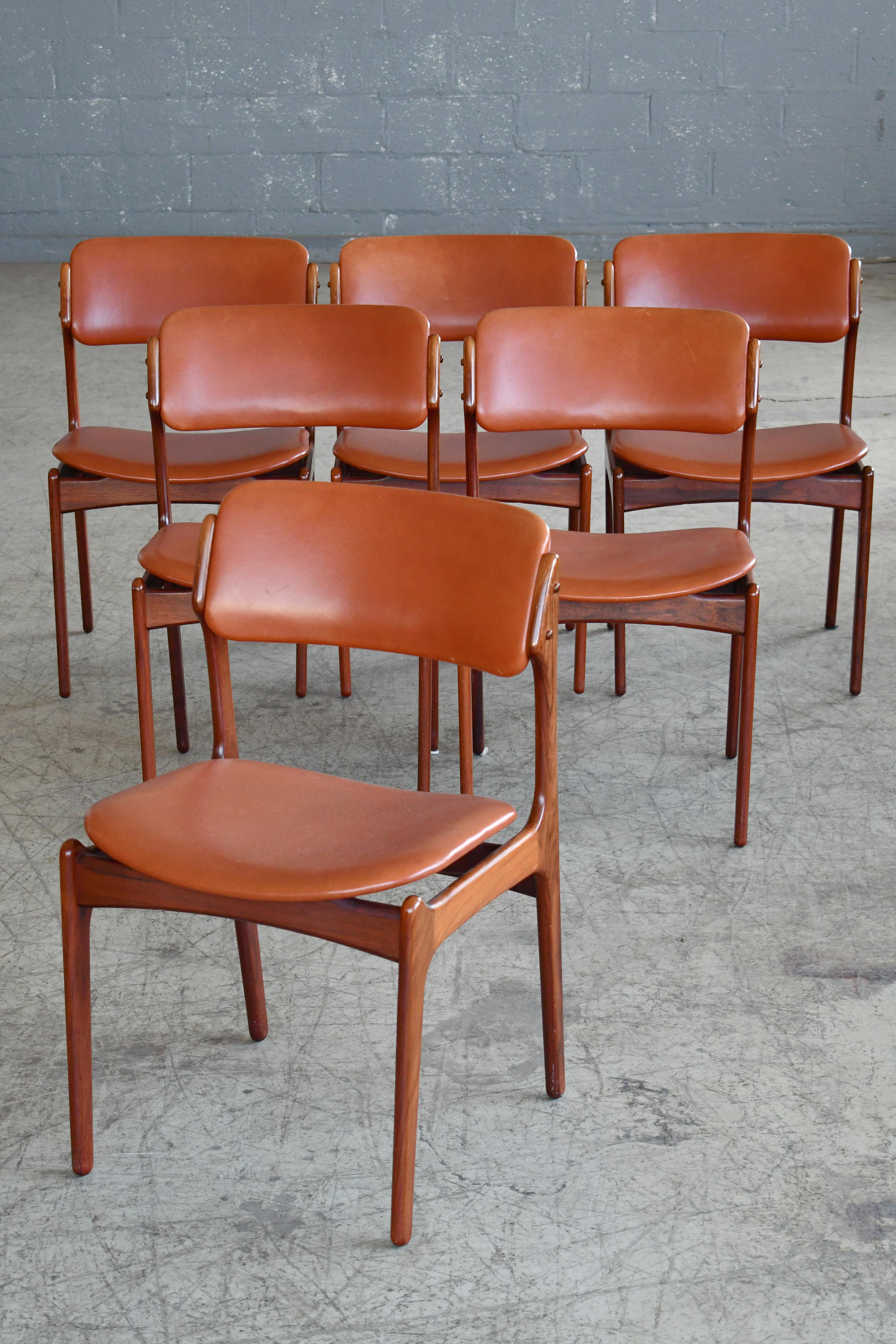 Mid-Century Modern Erik Buch 1960s Set of Six Danish Teak Dining Chairs in Leather and Rosewood