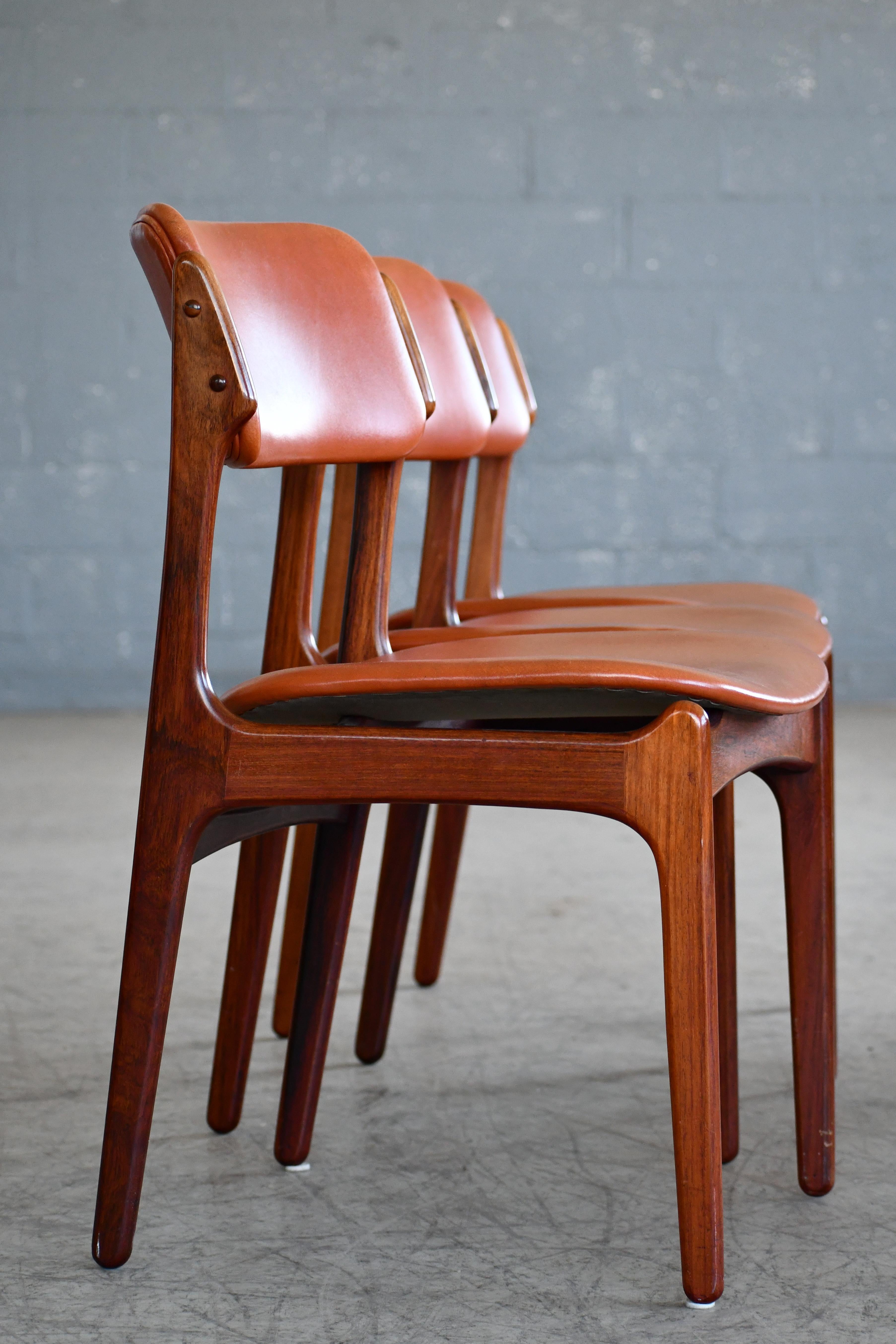Mid-20th Century Erik Buch 1960s Set of Six Danish Teak Dining Chairs in Leather and Rosewood
