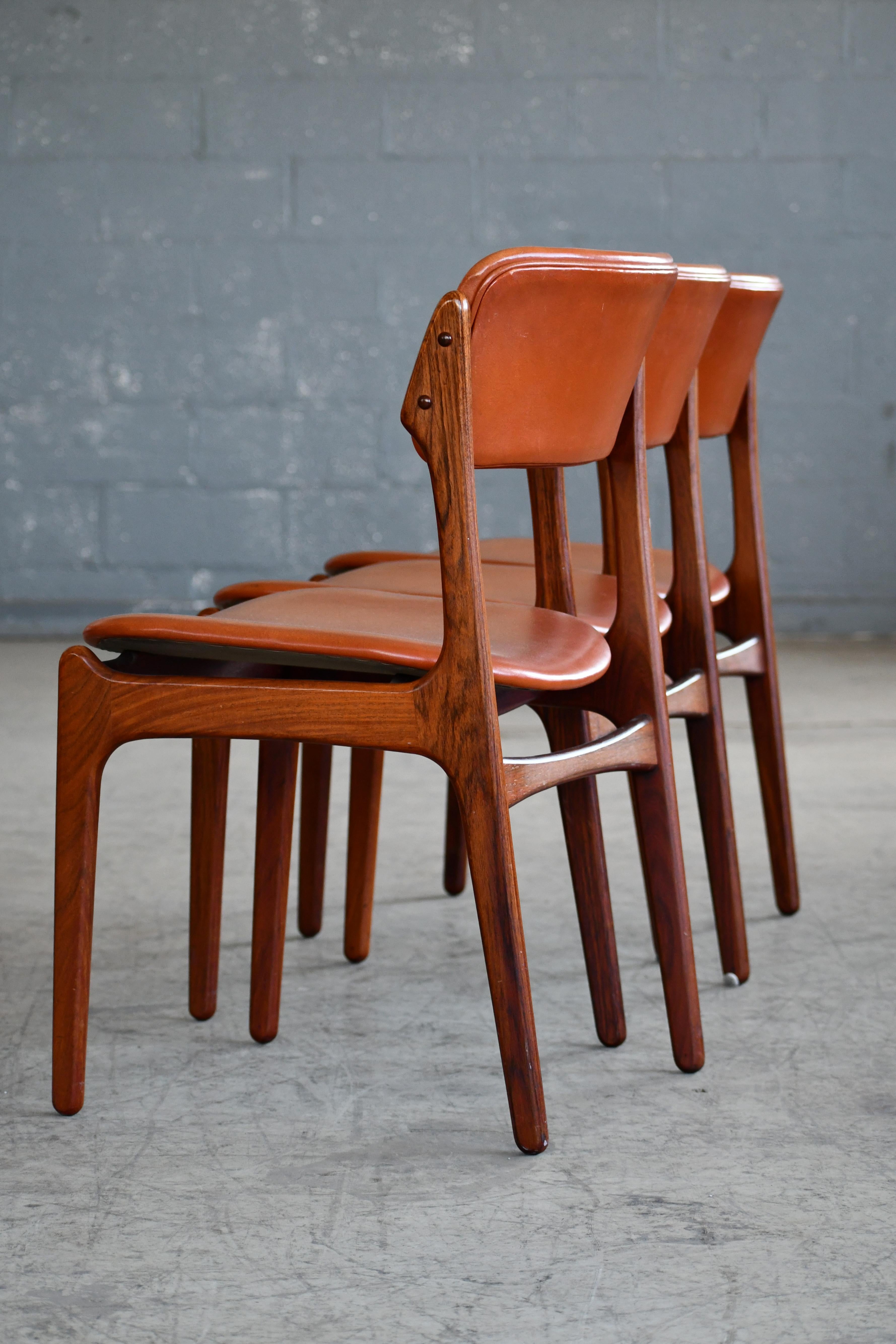 Erik Buch 1960s Set of Six Danish Teak Dining Chairs in Leather and Rosewood 1