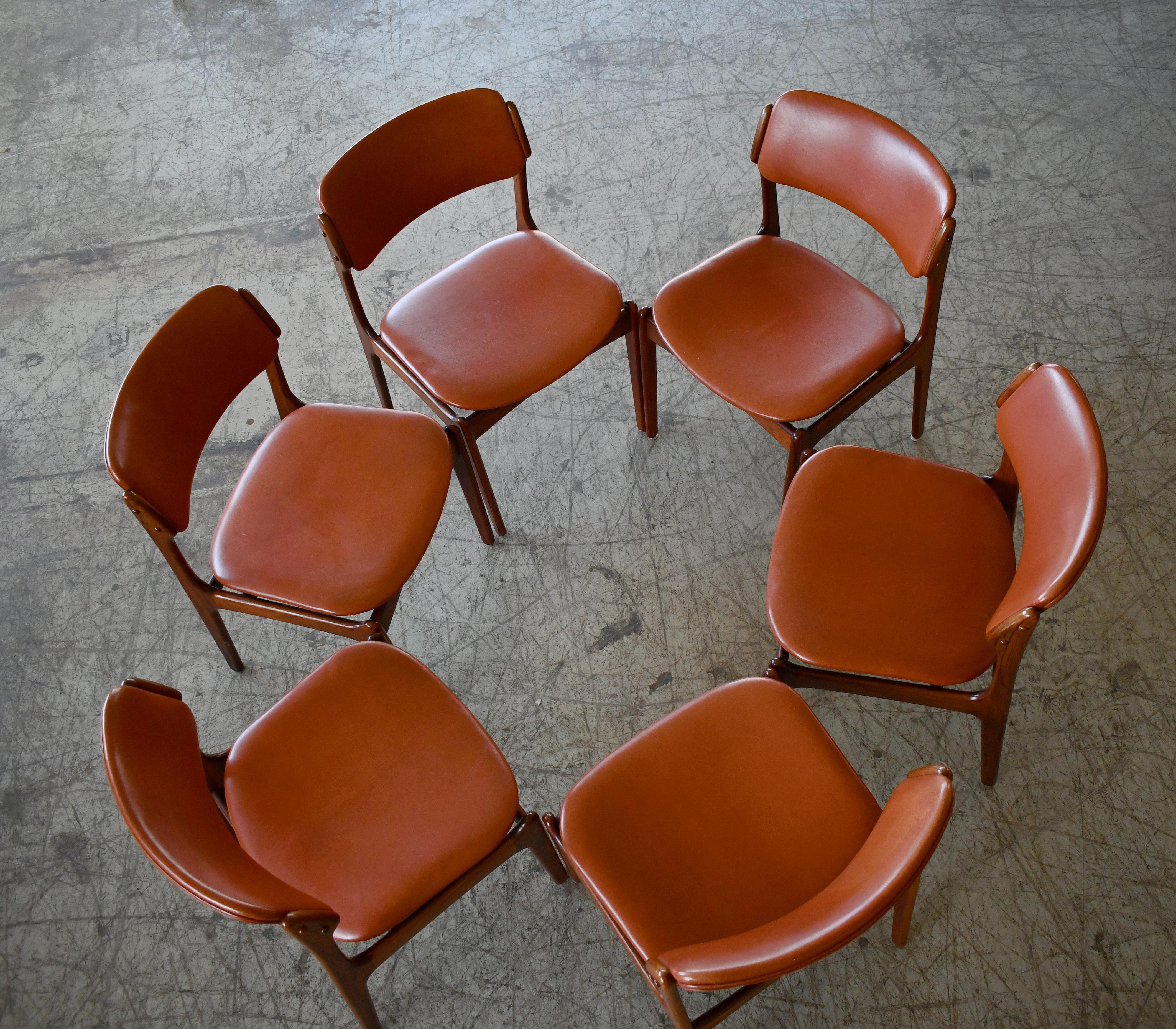 Erik Buch 1960s Set of Six Danish Teak Dining Chairs in Leather and Rosewood 3