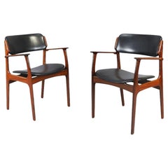 Erik Buch 2 Rosewood and Leather Armchairs, 1950s