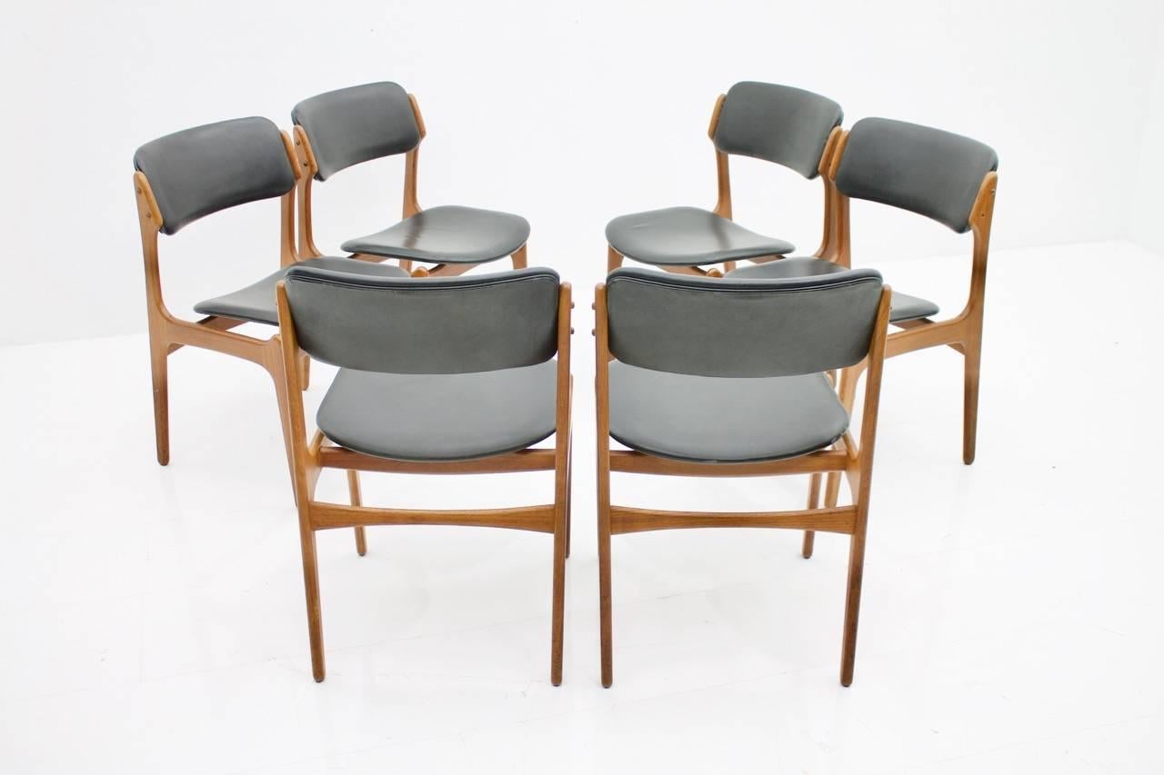 Scandinavian Modern Erik Buch Dining Chairs in Teak and Black Leather, Denmark 1960s