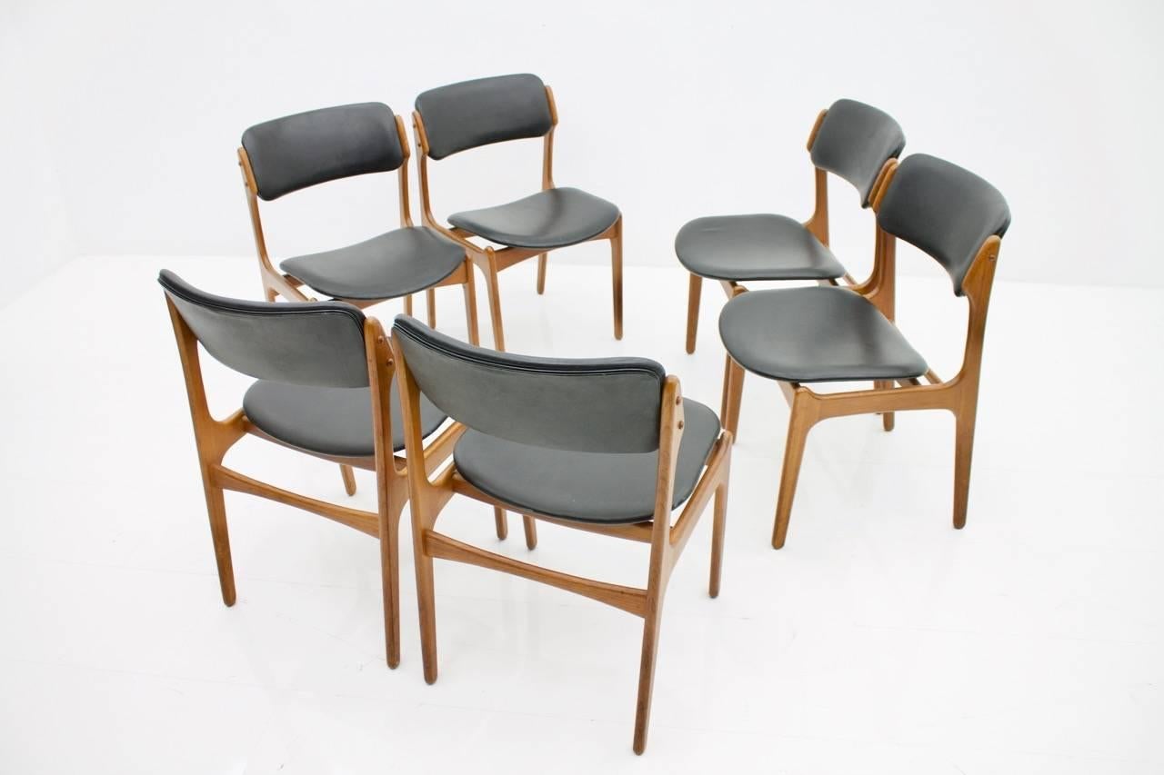 Danish Erik Buch Dining Chairs in Teak and Black Leather, Denmark 1960s