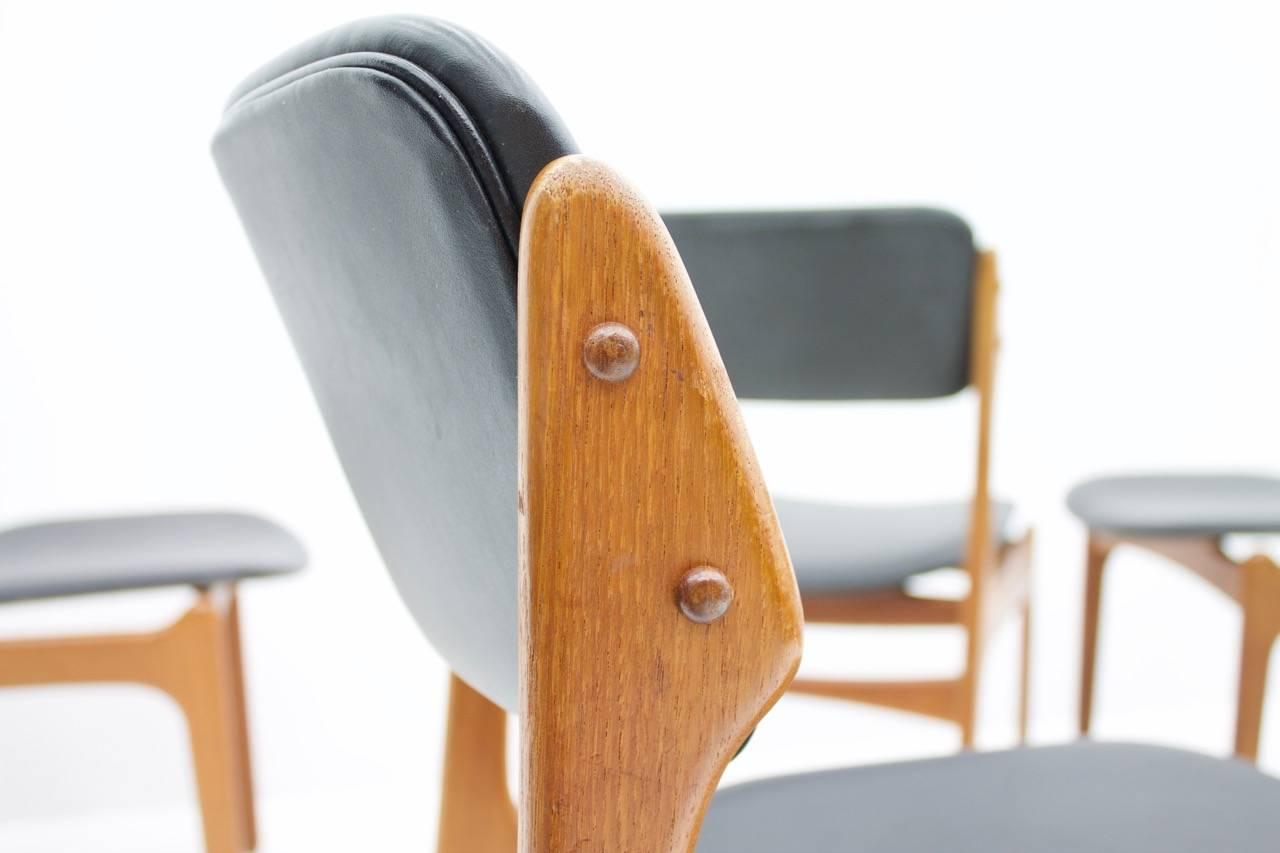 Mid-20th Century Erik Buch Dining Chairs in Teak and Black Leather, Denmark 1960s