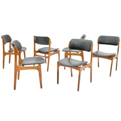 Erik Buch Dining Chairs in Teak and Black Leather, Denmark 1960s