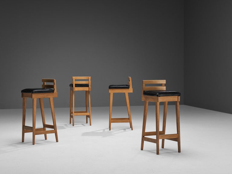 Erik Buch for Dyrlund Set of Four Bar Stools in Oak and Black Leather