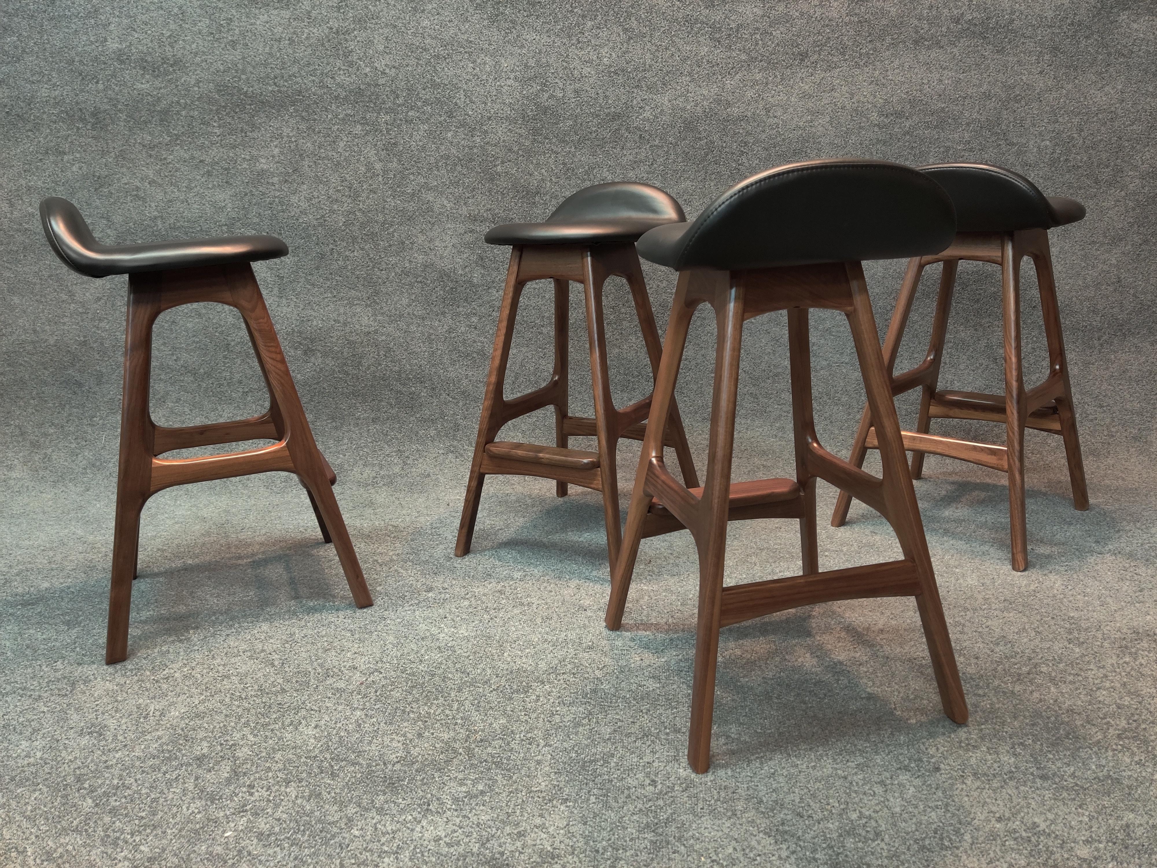 Mid-Century Modern Erik Buch for France and Son Set of 4 Model 61 Barstools Walnut and Leather