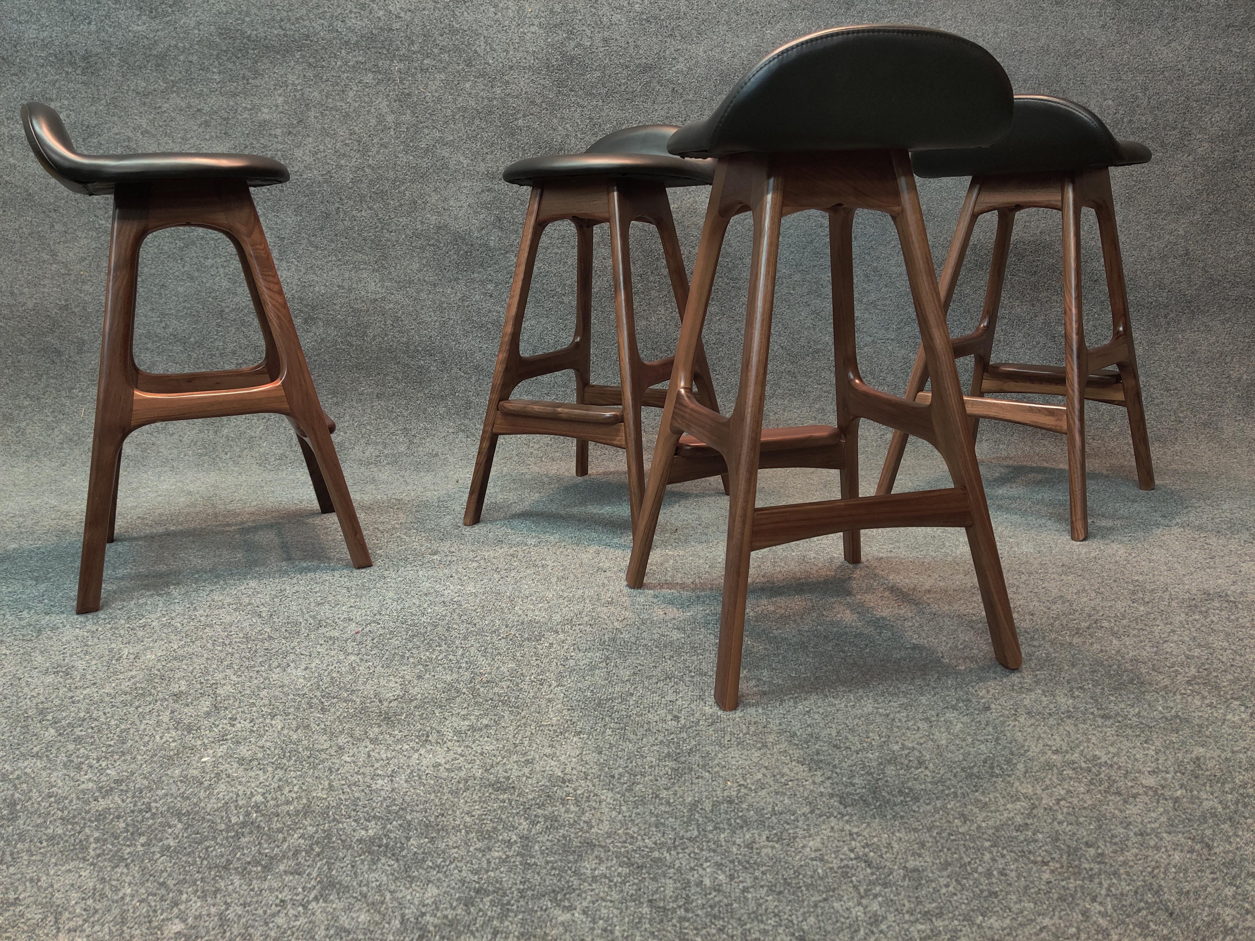 North American Erik Buch for France and Son Set of 4 Model 61 Barstools Walnut and Leather