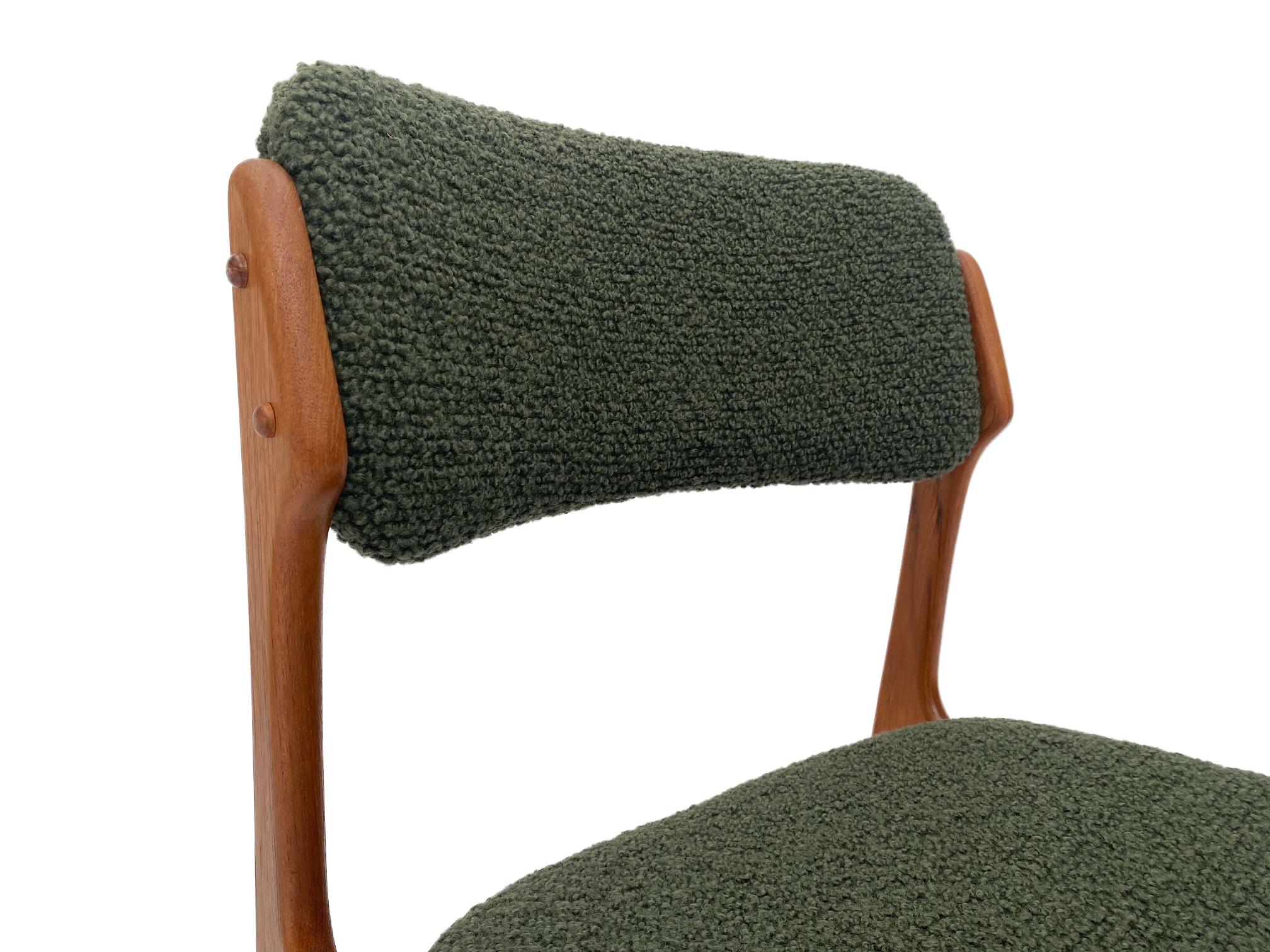 Polished Erik Buch Model 49 Teak and Green Boucle Desk Chair. Denmark, 1960s