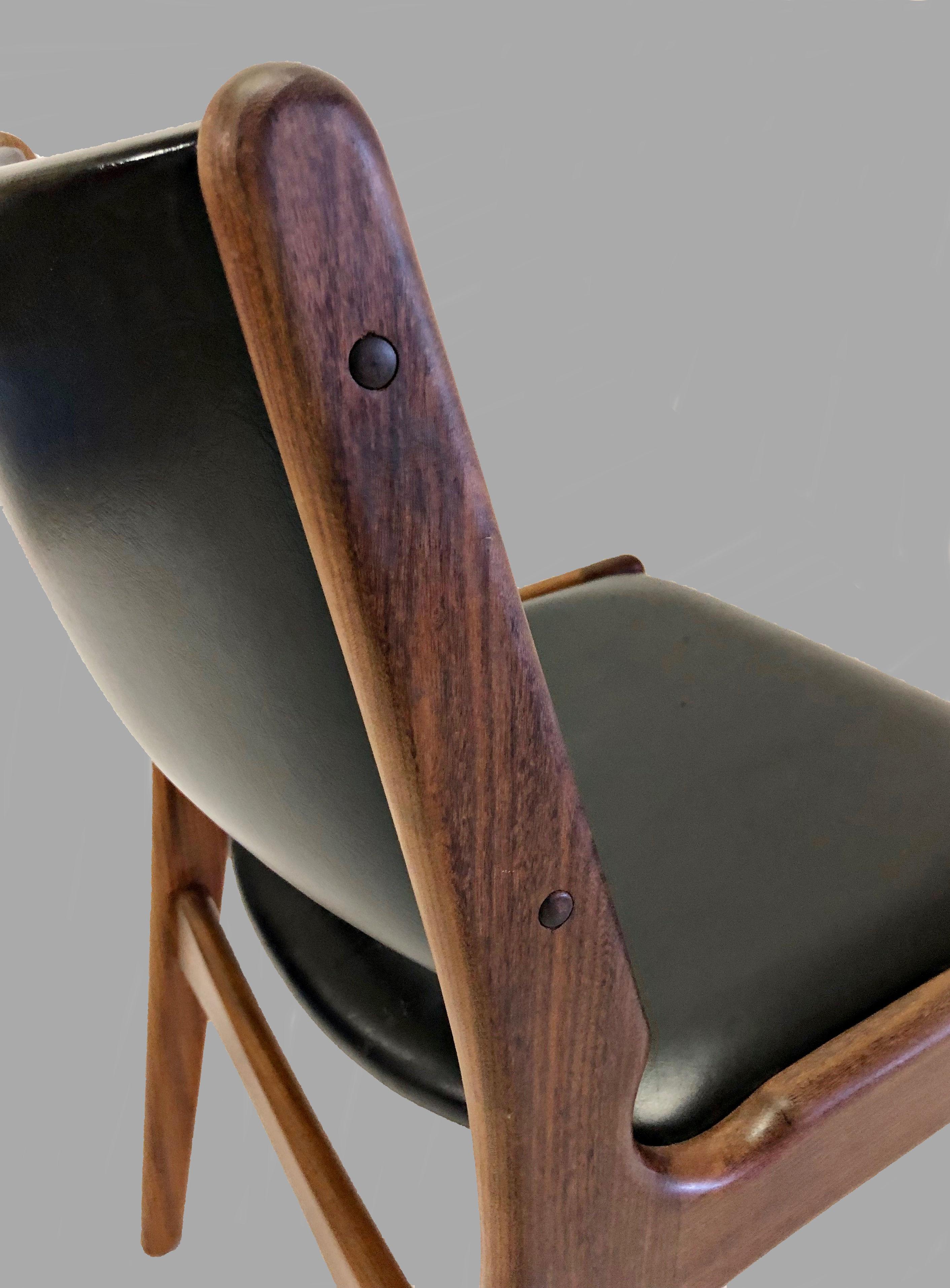 Erik Buch Restored and Refinished Danish Teak Dining Chairs with Black Leather For Sale 1