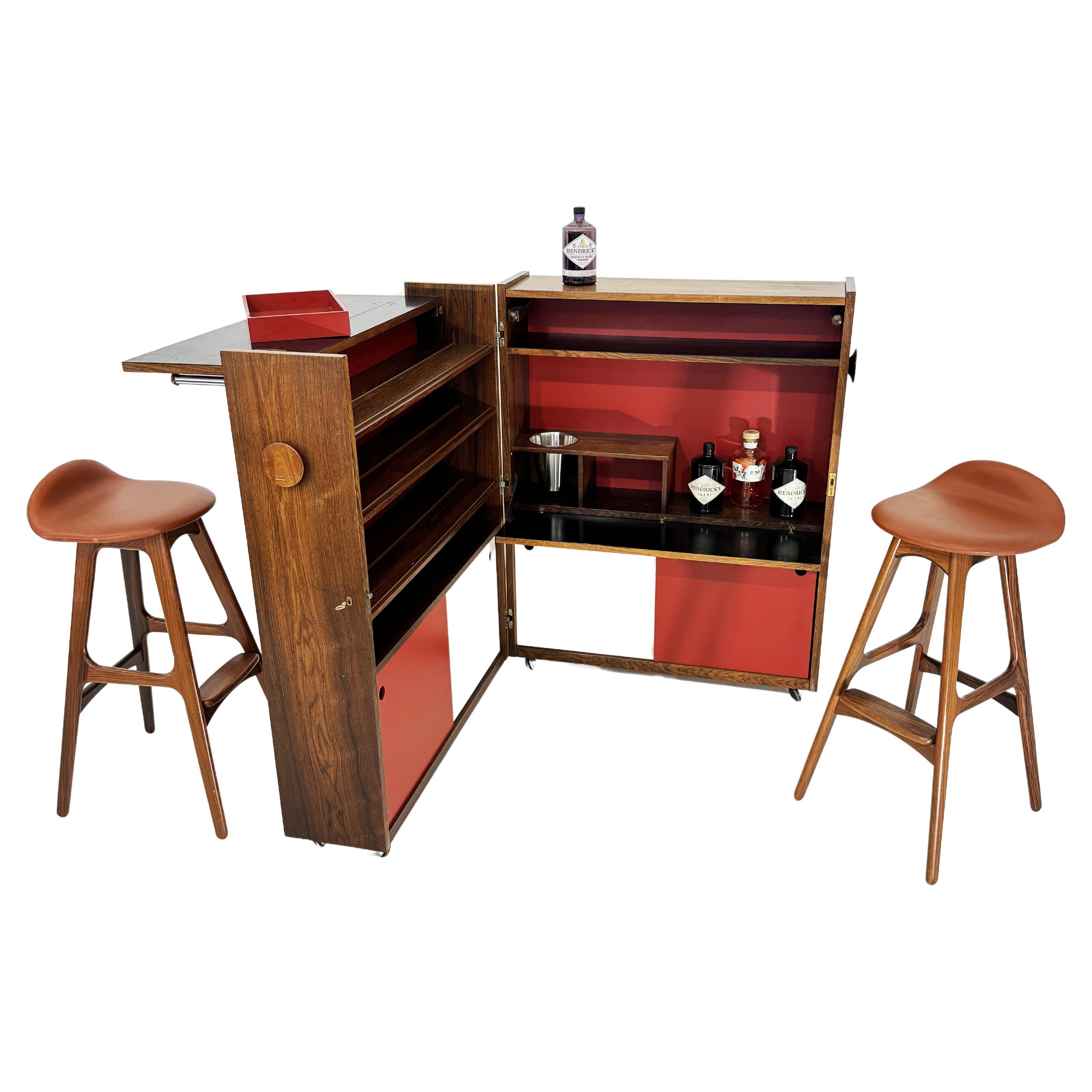 Erik Buch rosewood bar set with bar and two barstools. Denamrk 1960s. Rare set