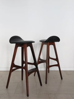 Erik Buch Scandinavian Midcentury Dark Wood Leather Bar Stools, Denmark 1960s