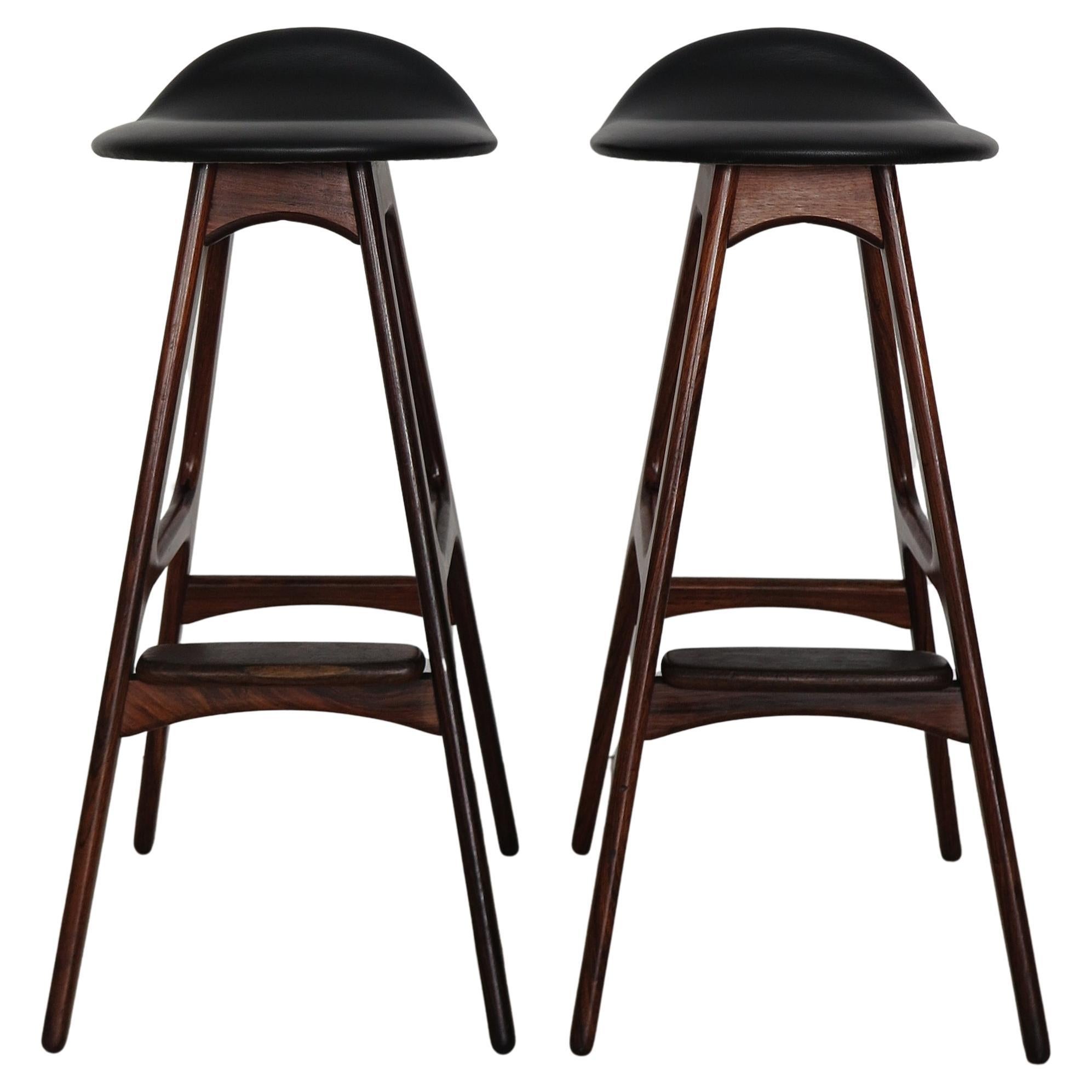Erik Buch Scandinavian Midcentury Dark Wood Leather Bar Stools, Denmark 1960s