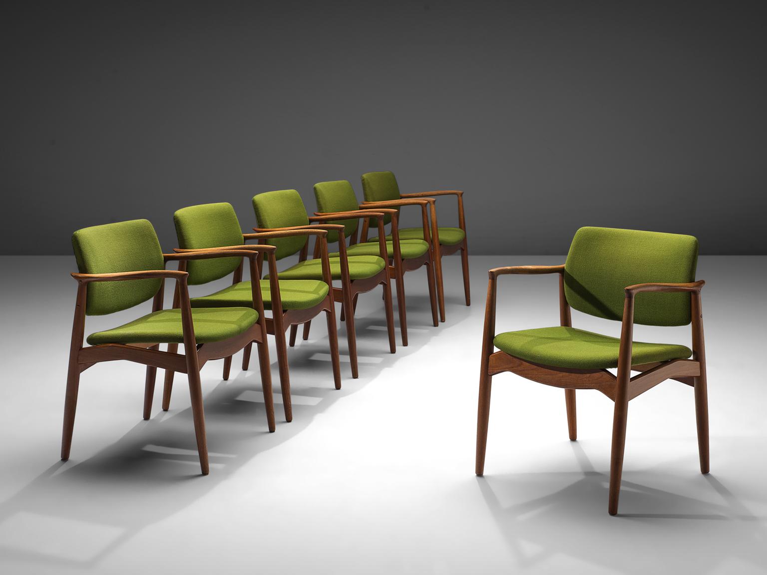 Scandinavian Modern Erik Buch Set of Captain Chairs in Green Fabric