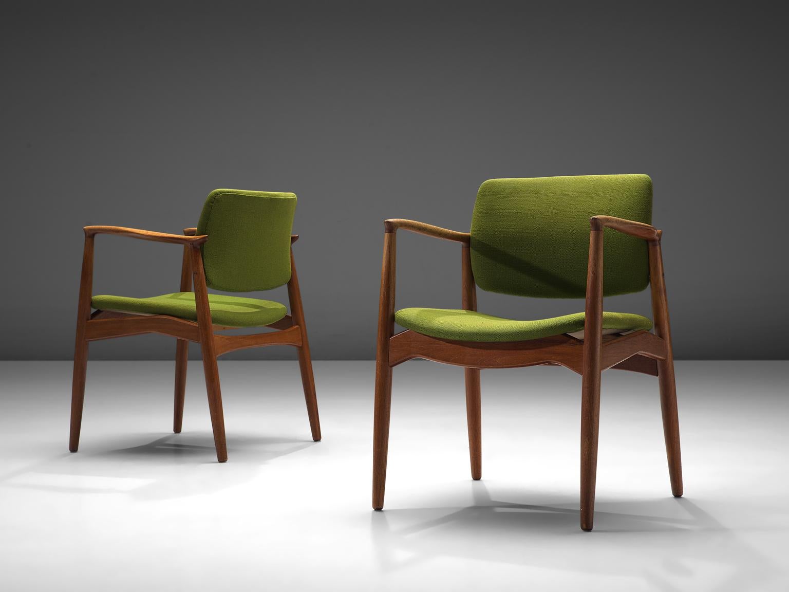 Erik Buch Set of Captain Chairs in Green Fabric In Good Condition In Waalwijk, NL