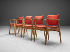 Erik Buch Set of Four 'Captains' Armchairs in Oak and Red Upholstery