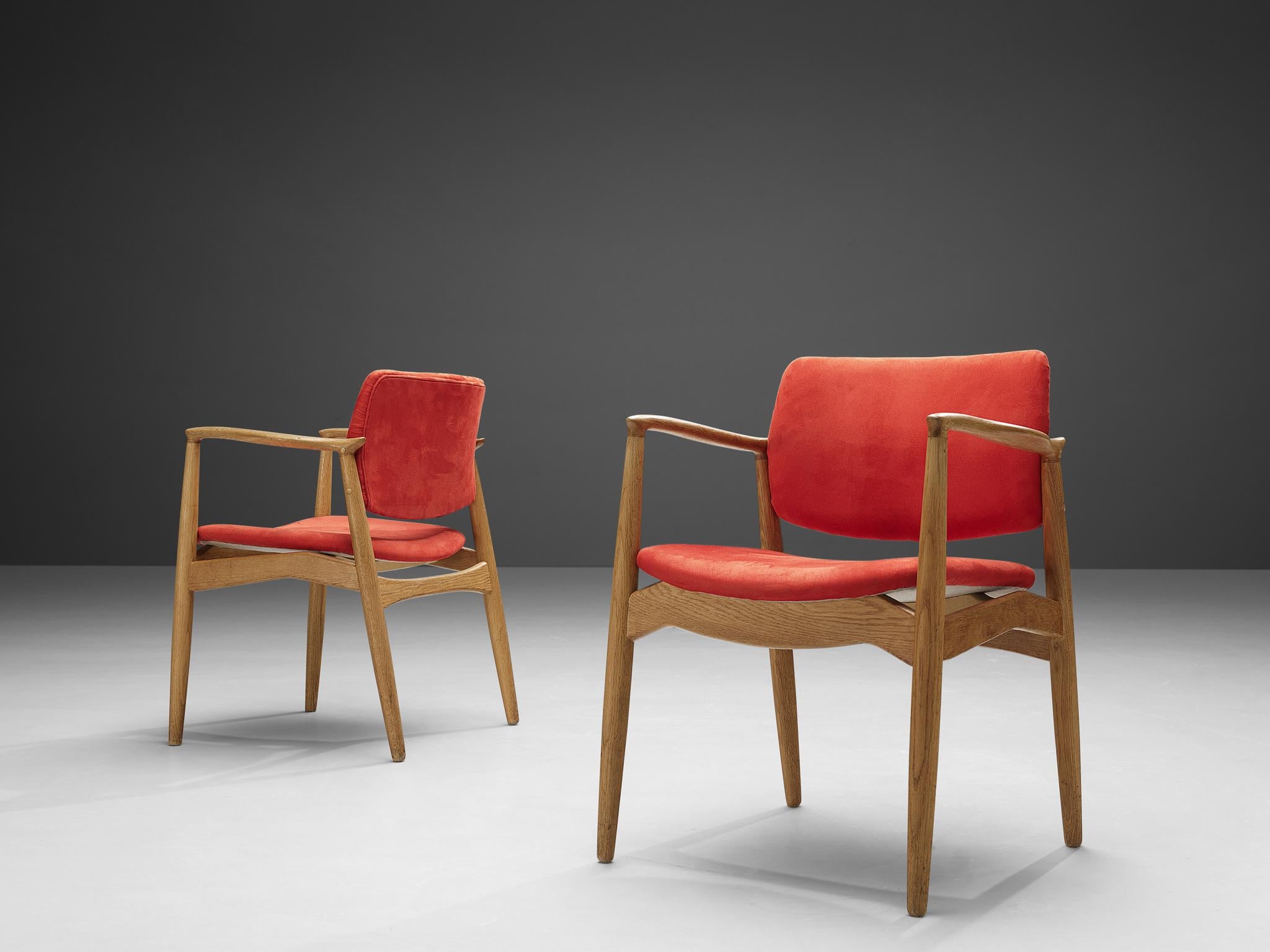 Scandinavian Modern Erik Buch Set of Four 'Captains' Armchairs in Oak and Red Upholstery For Sale